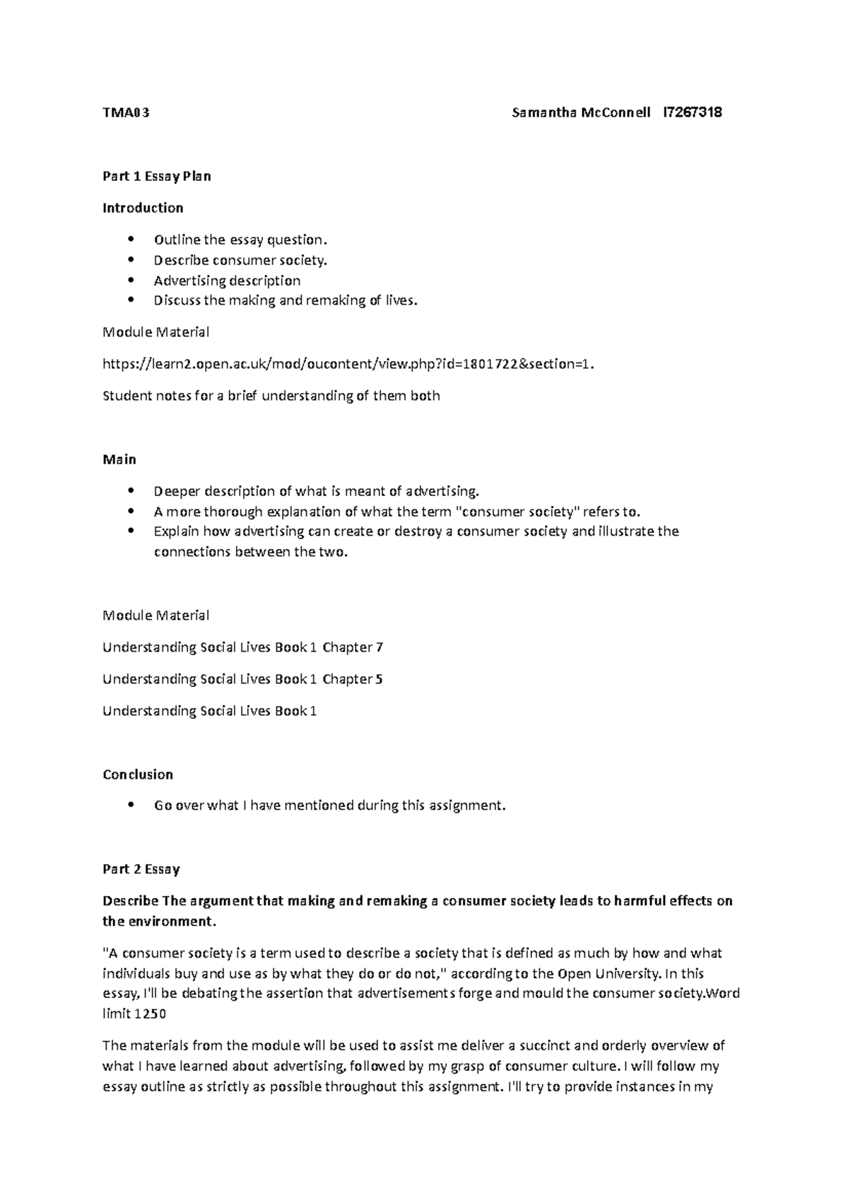 TMA03 - May 2023 - TMA03 Samantha McConnell I Part 1 Essay Plan ...