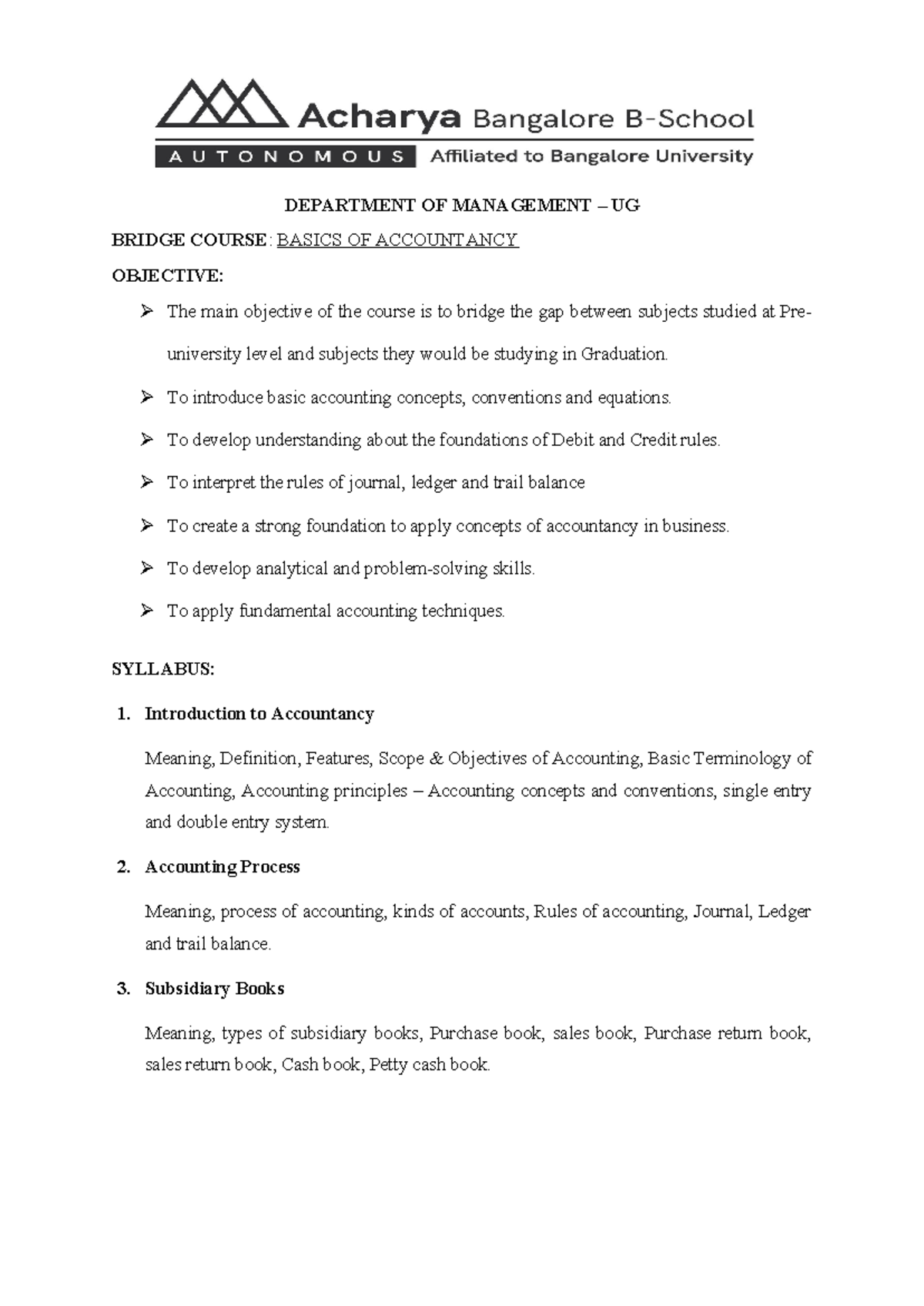 Bridge course - Basics Accounting - DEPARTMENT OF MANAGEMENT – UG ...