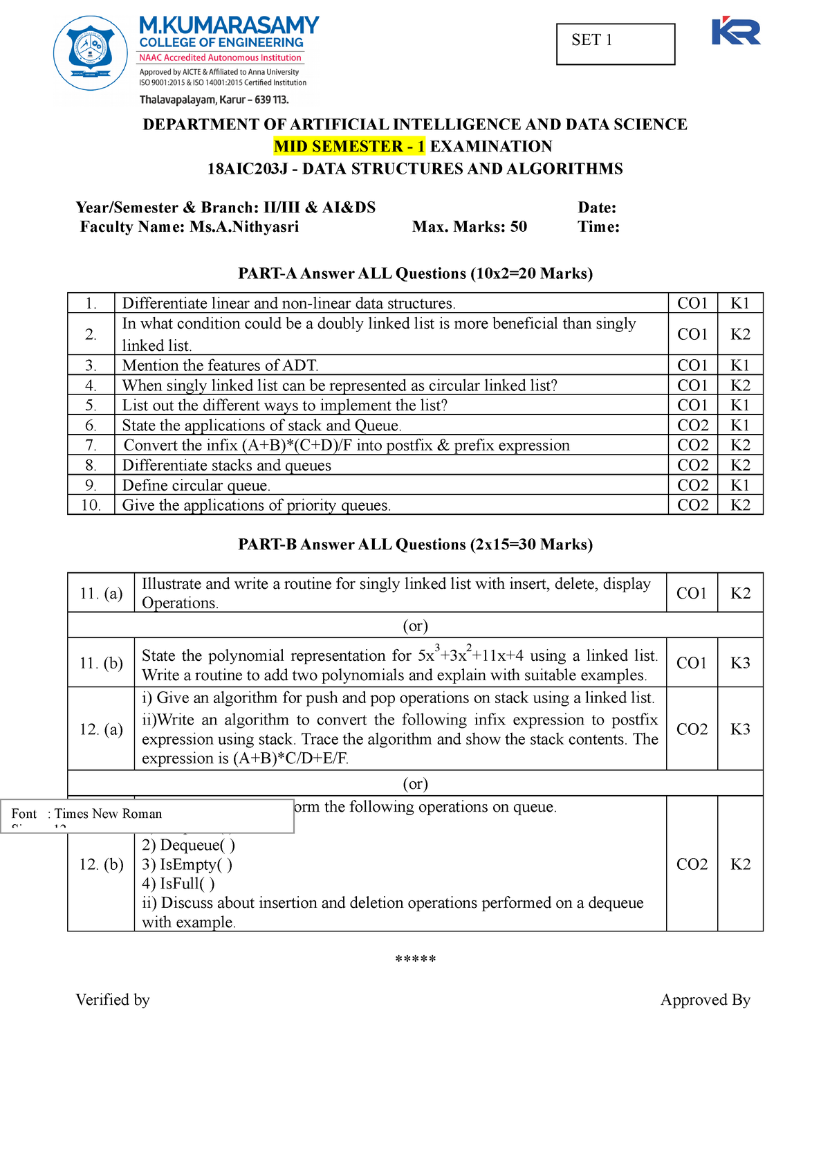 MID SEM 1 - Question bank - DEPARTMENT OF ARTIFICIAL INTELLIGENCE AND ...