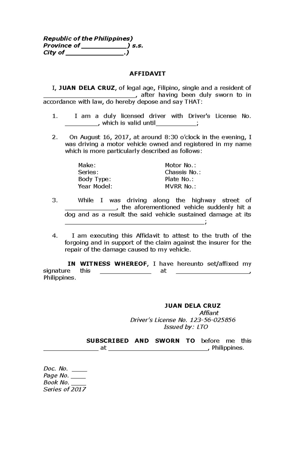 Affidavit-of-own-damage-to-vehicle-template compress Affidavit-of-own ...