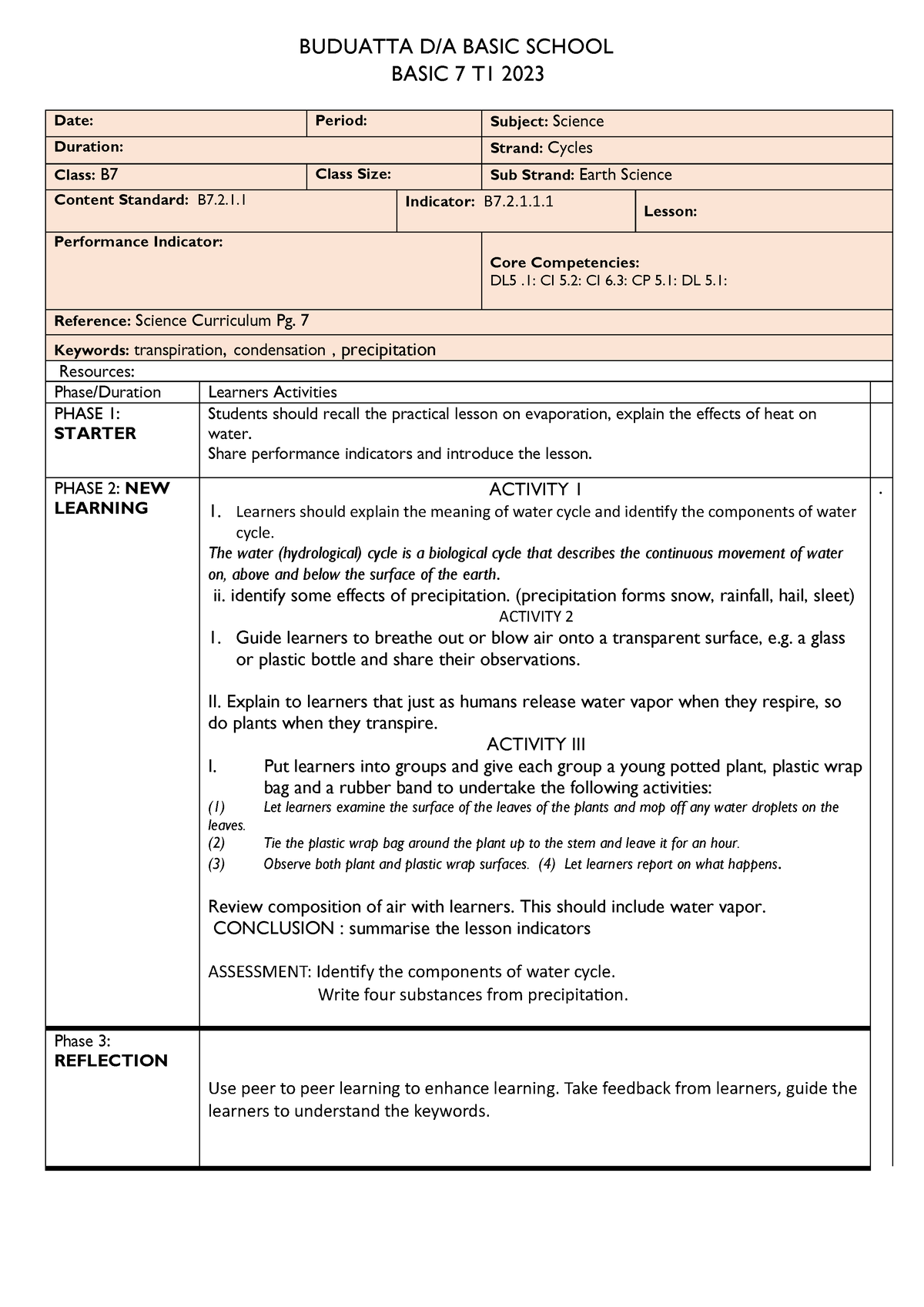 Basic 7 lesson plan - BUDUATTA D/A BASIC SCHOOL BASIC 7 T1 2023 Date ...