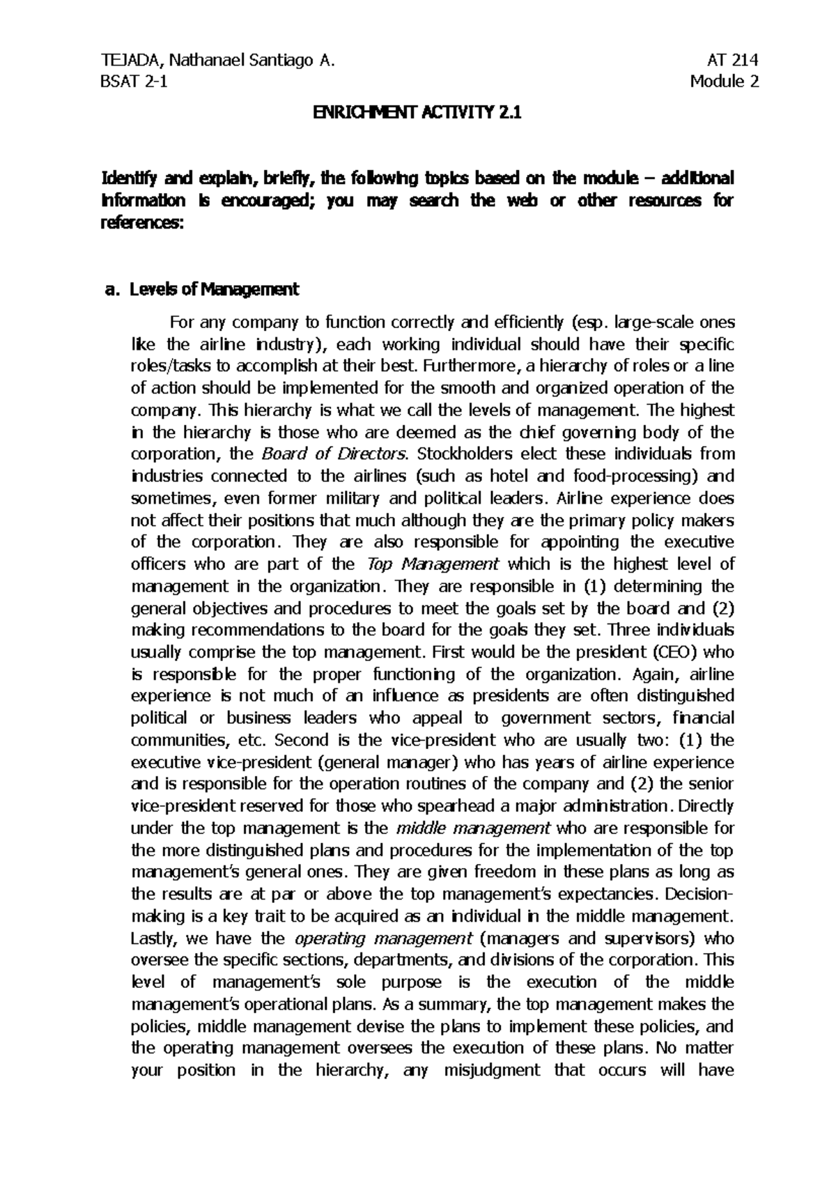 Module 2dddddddd - BSAT 2-1 Module 2 ENRICHMENT ACTIVITY 2. 1 Identify ...