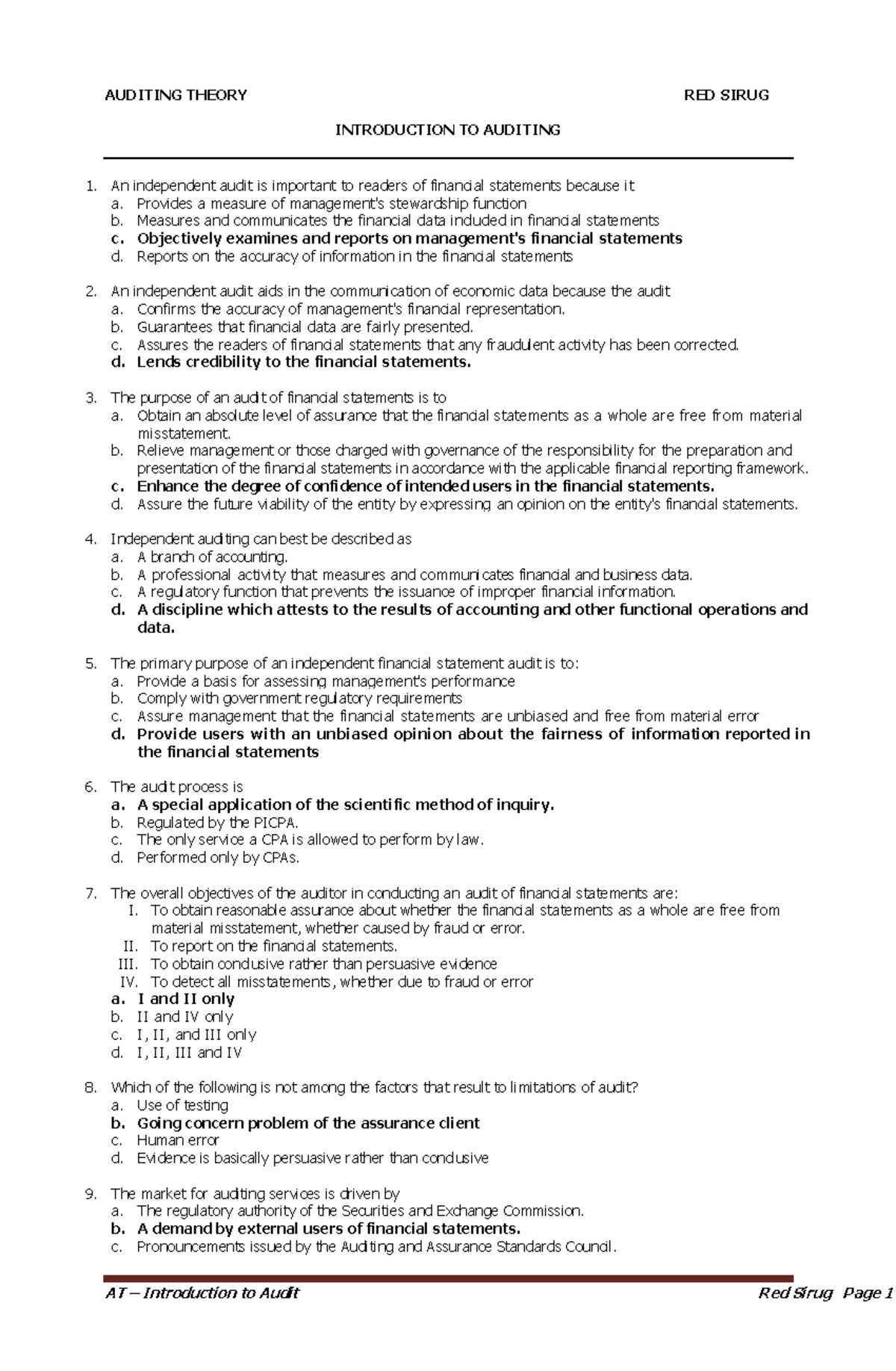 119052805 MCQ intro to audit - Business Mathematics - UC - Studocu