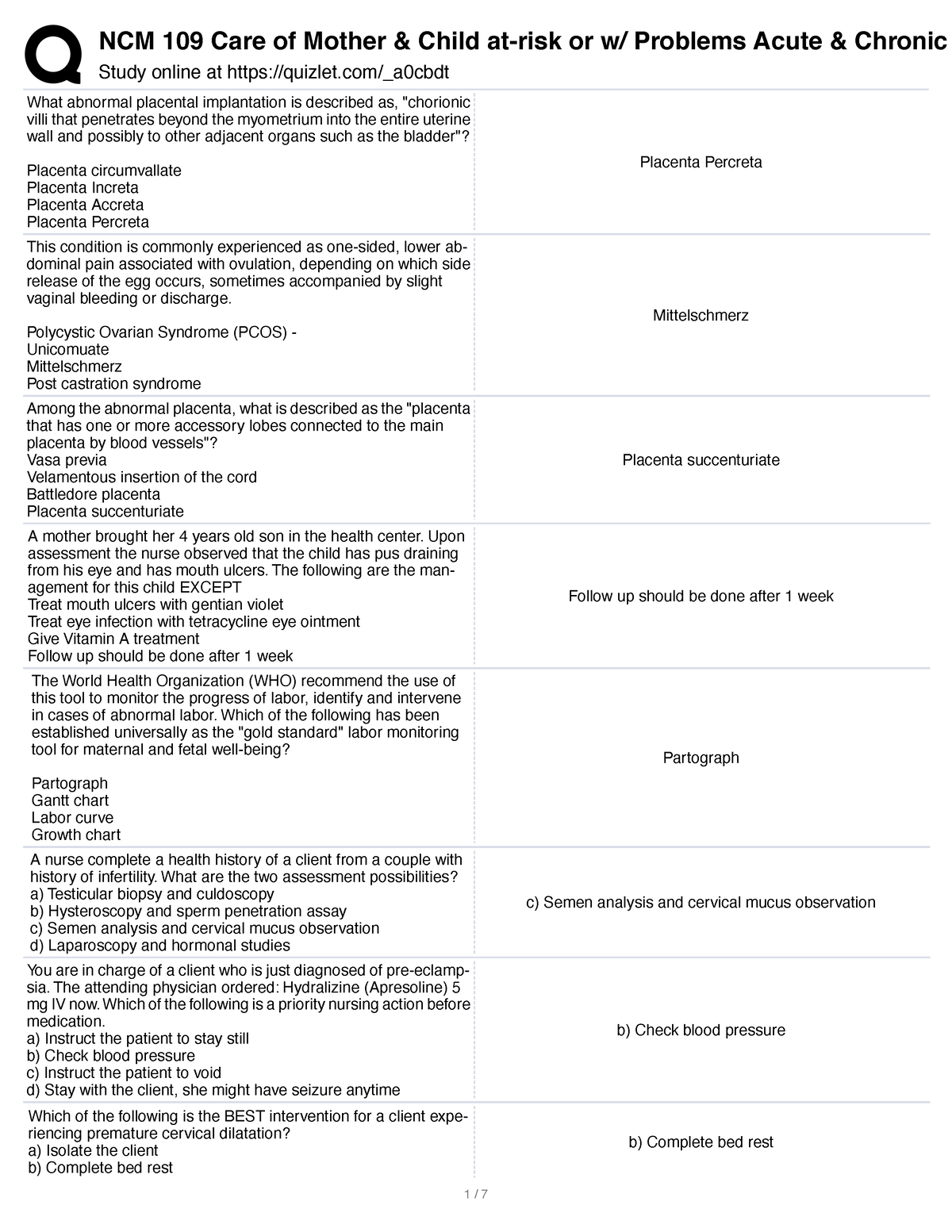 Mcn 2 Quizlet Compilation - NCM 109 Care Of Mother & Child At-risk Or W ...