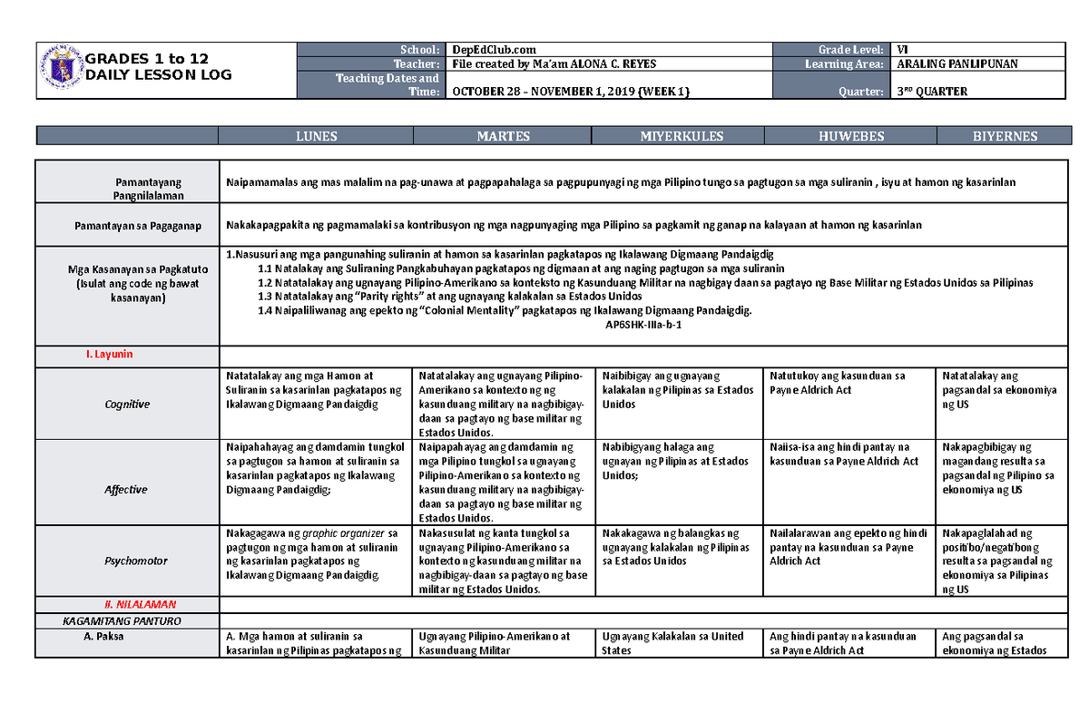 DLL Araling Panlipunan 6 Q3 W1 - GRADES 1 to 12 DAILY LESSON LOG School ...