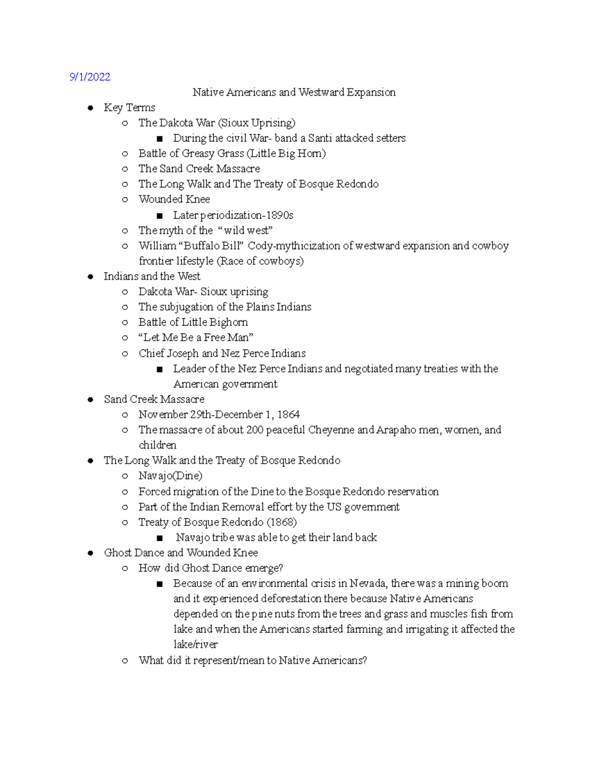 HIST 173 Notes 9/1/ Native Americans and Westward Expansion Key Terms