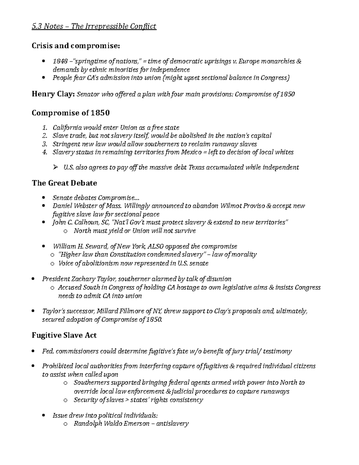 5.3 notes - 5 Notes – The Irrepressible Conflict Crisis and compromise ...