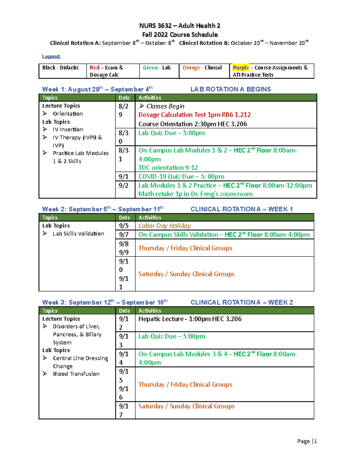 3632 Course Schedule Fall 2022 Fall 2022 Course Schedule Clinical