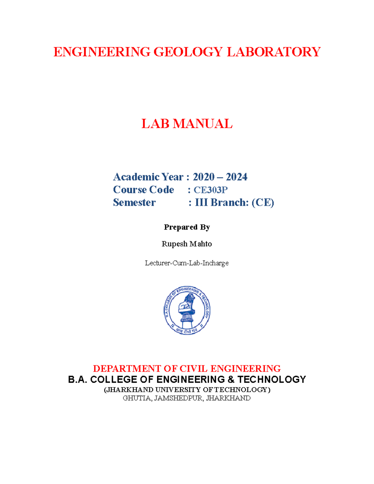 Engineering Geology Lab Manual ENGINEERING GEOLOGY LABORATORY LAB