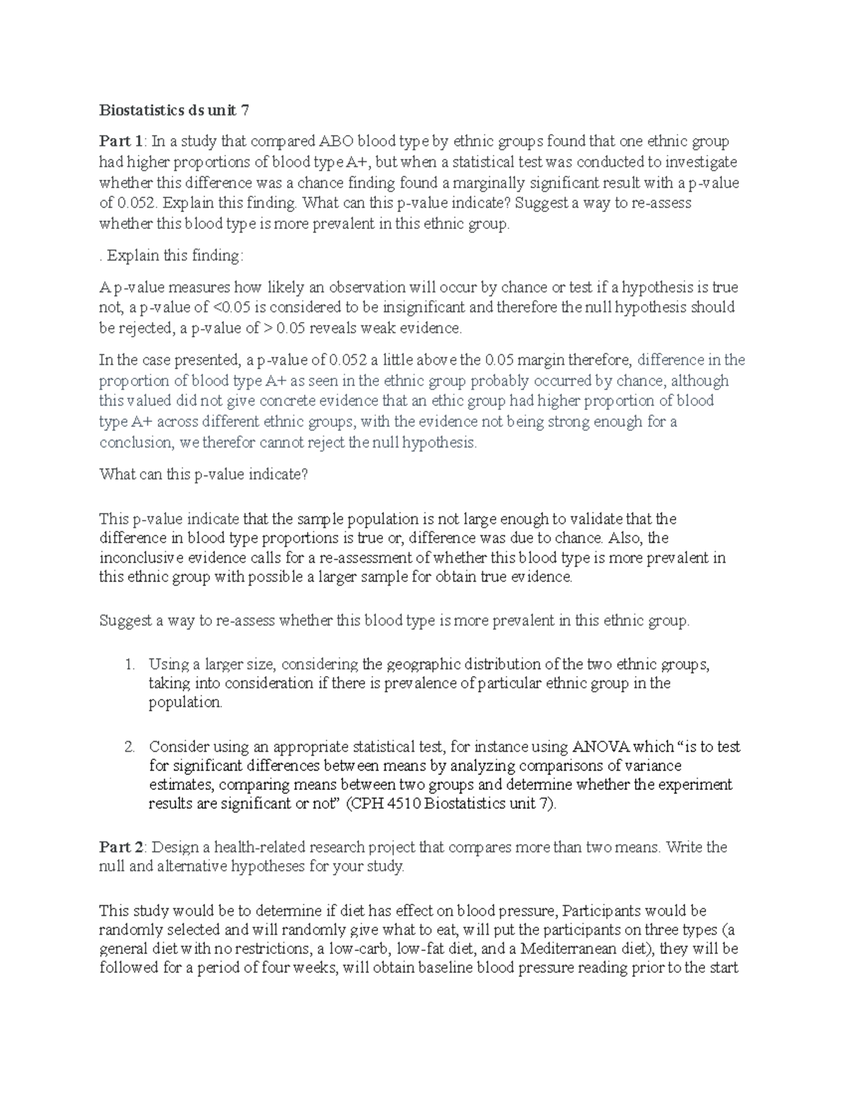 Biostatistics ds unit 7 - CPH 4510 - UoPeople - Studocu