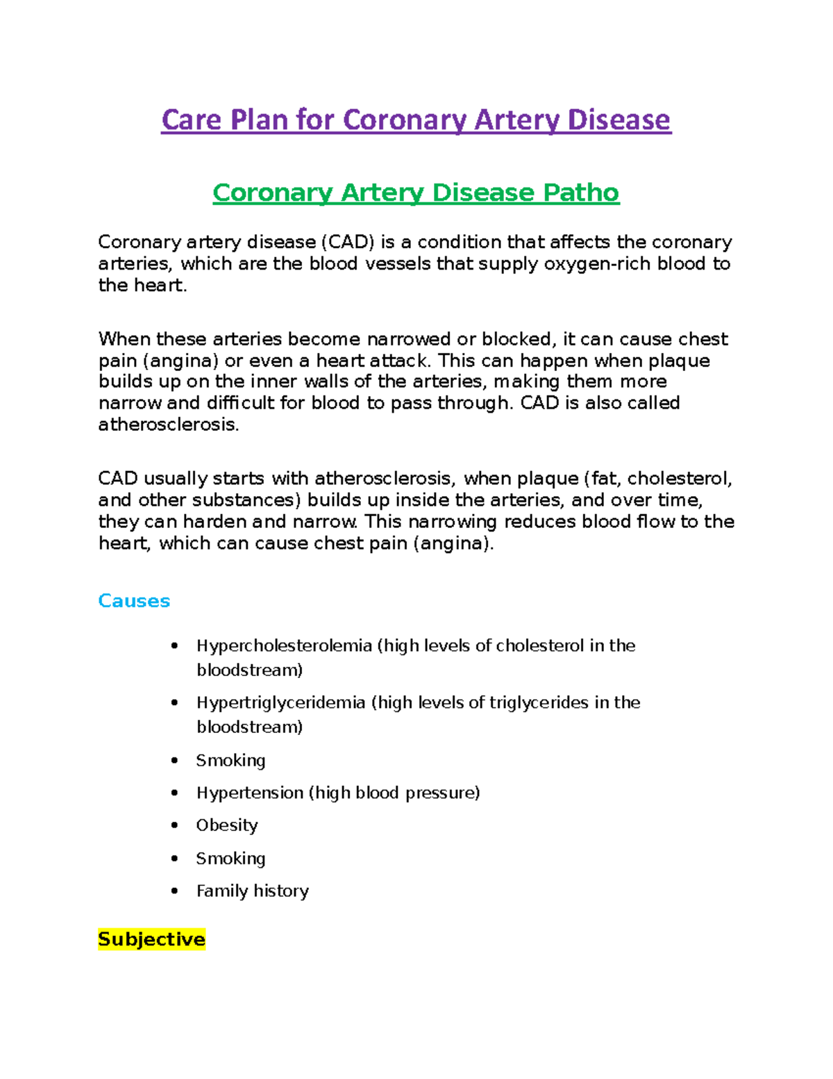 Care Plan for Coronary Artery Disease - Care Plan for Coronary Artery ...