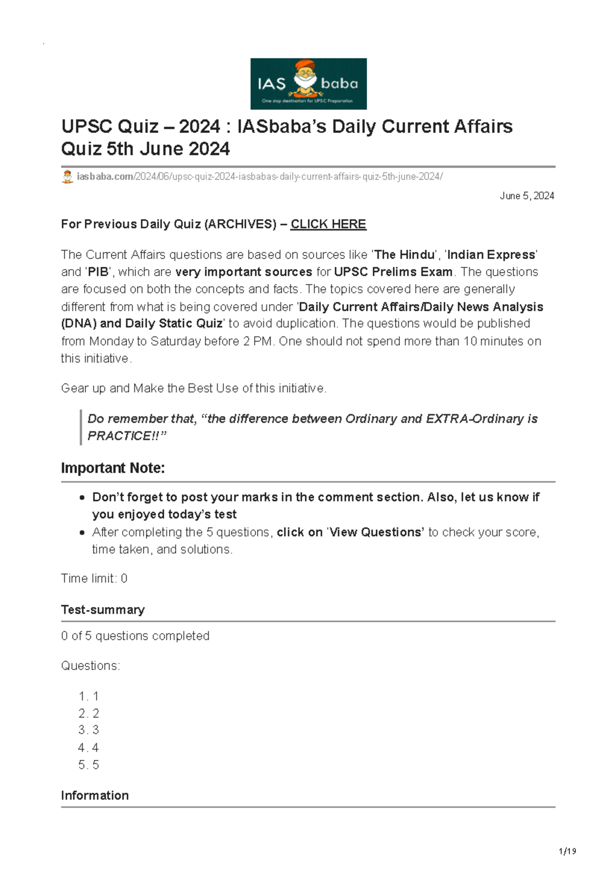 Quiz 2024 IASbabas Daily Current Affairs Quiz 5th June