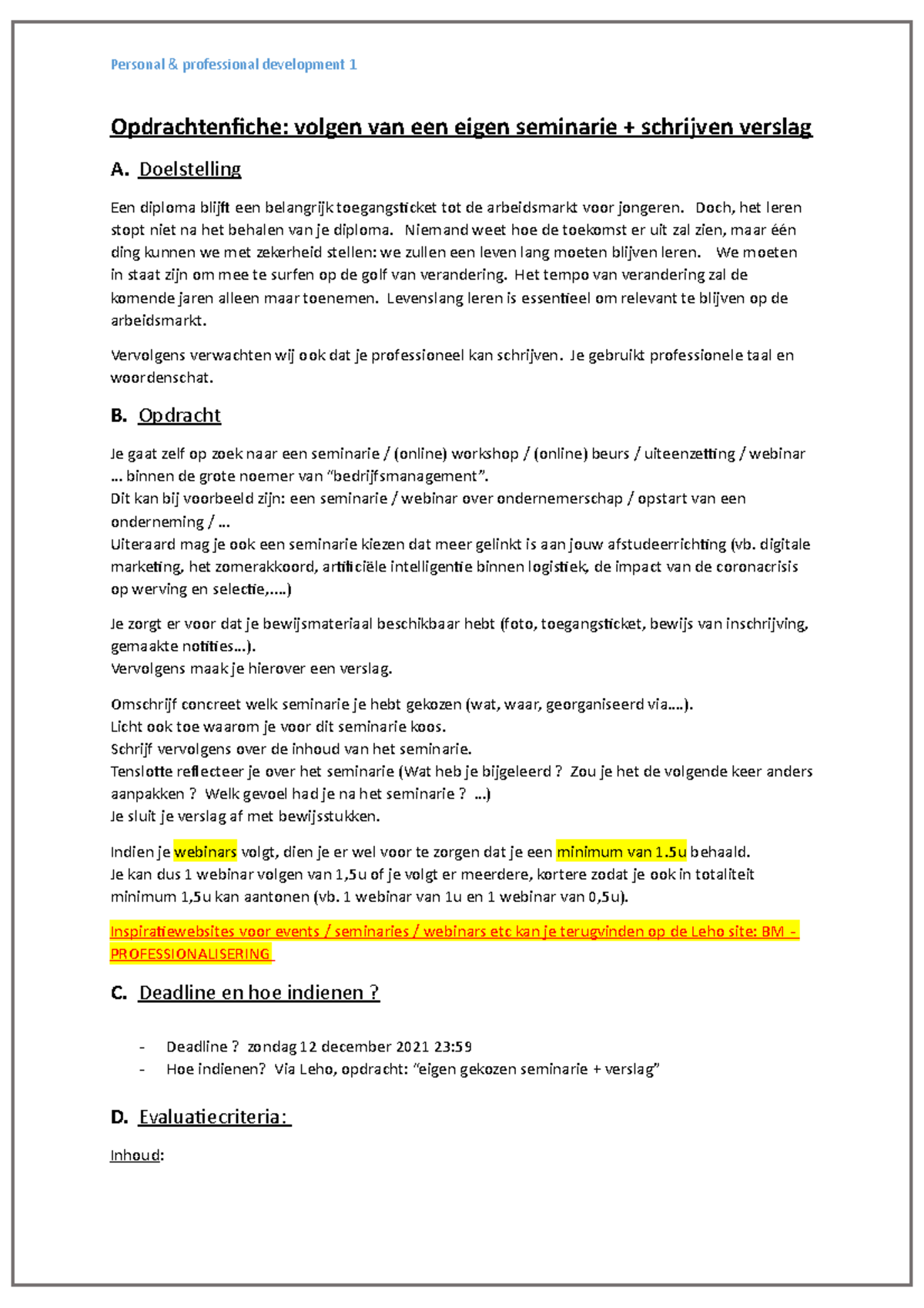 Opdrachtenfiche volgen van een eigen gekozen seminarie en opmaak