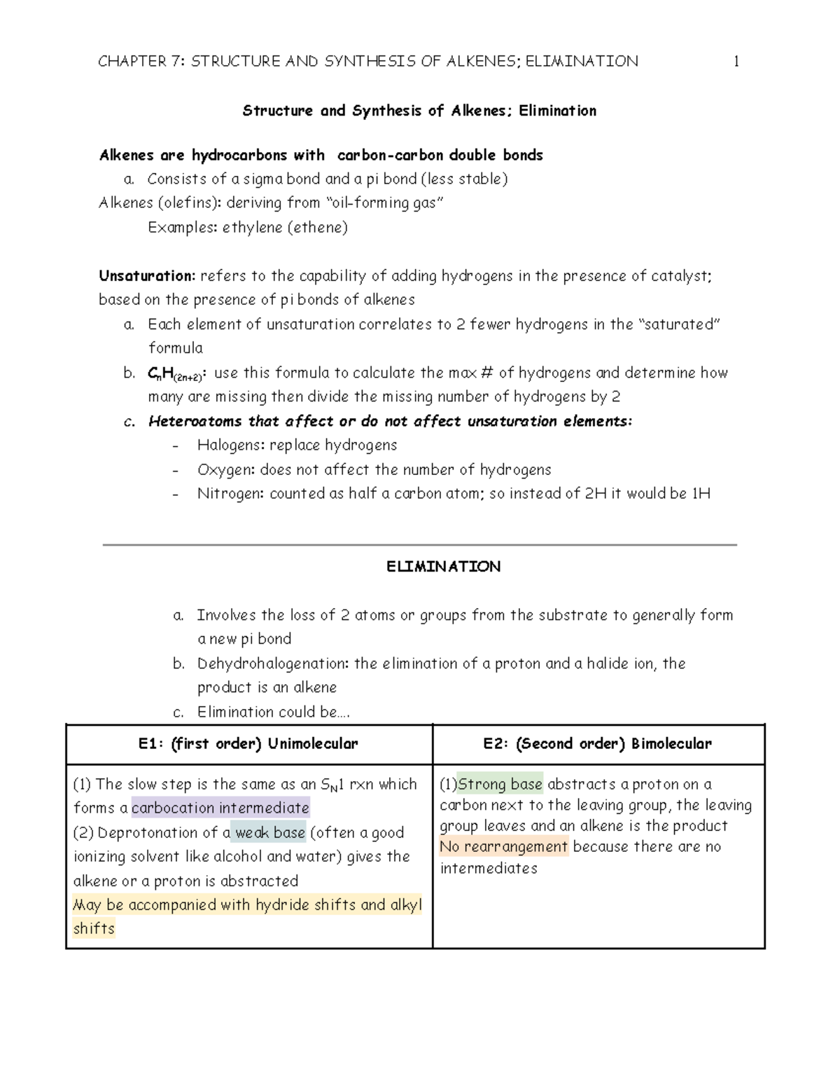 Organic Chem I Notes Chapter 7-Structure and Synthesis of Alkenes ...