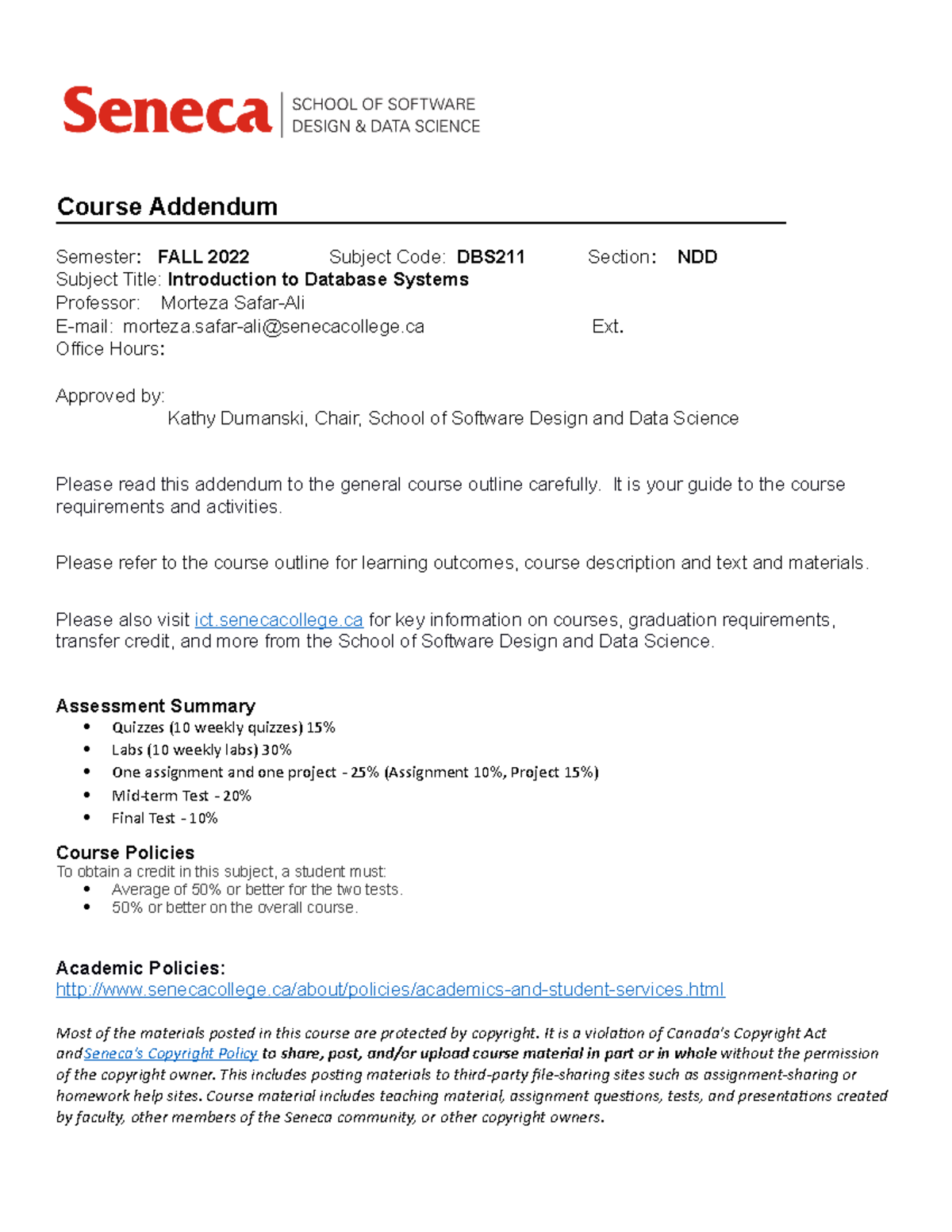DBS211-Fall2022-Course Addendum - Course Addendum Semester: FALL 2022 ...