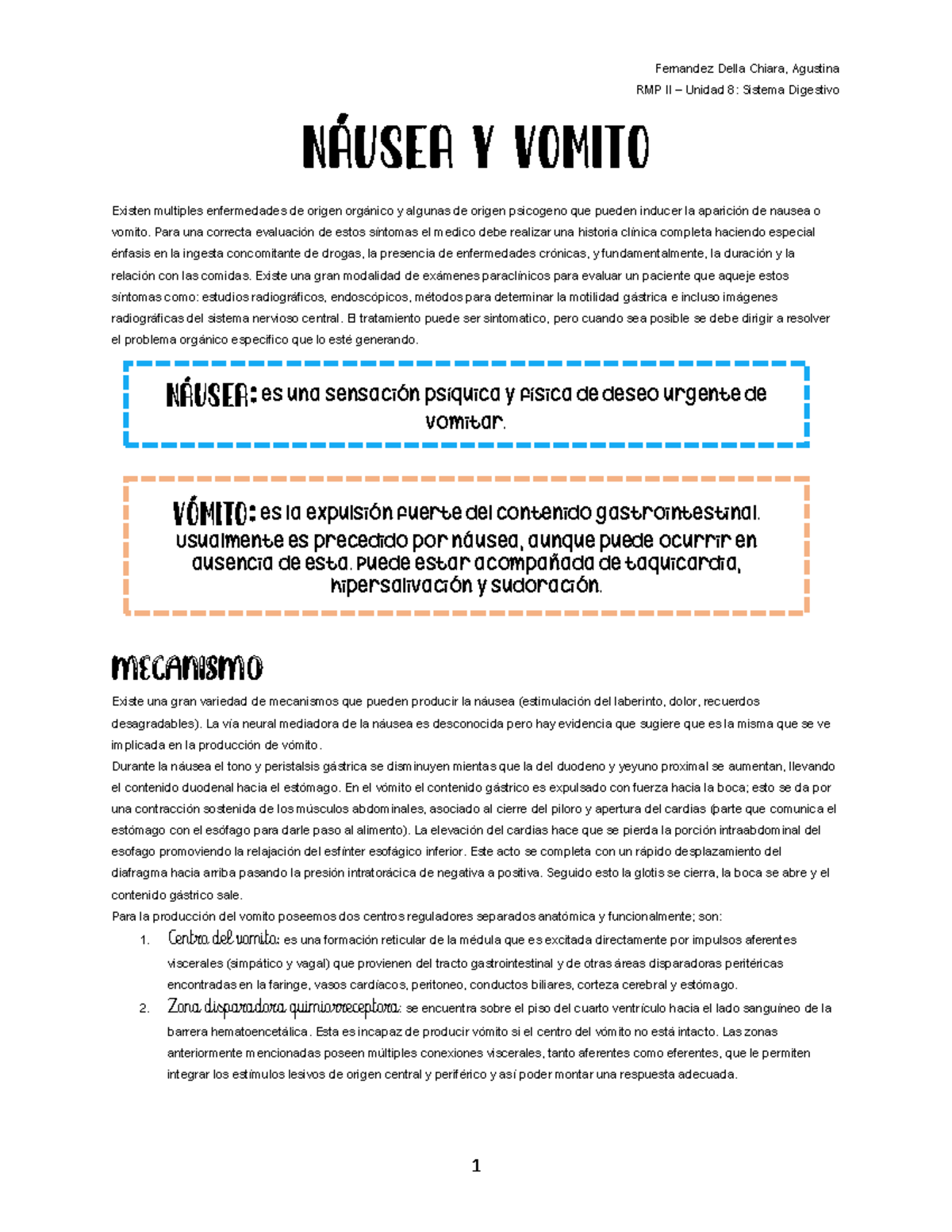 NAUSEA Y VOMITO / DIARREA RMP II Unidad 8 Sistema Digestivo NáUSEA