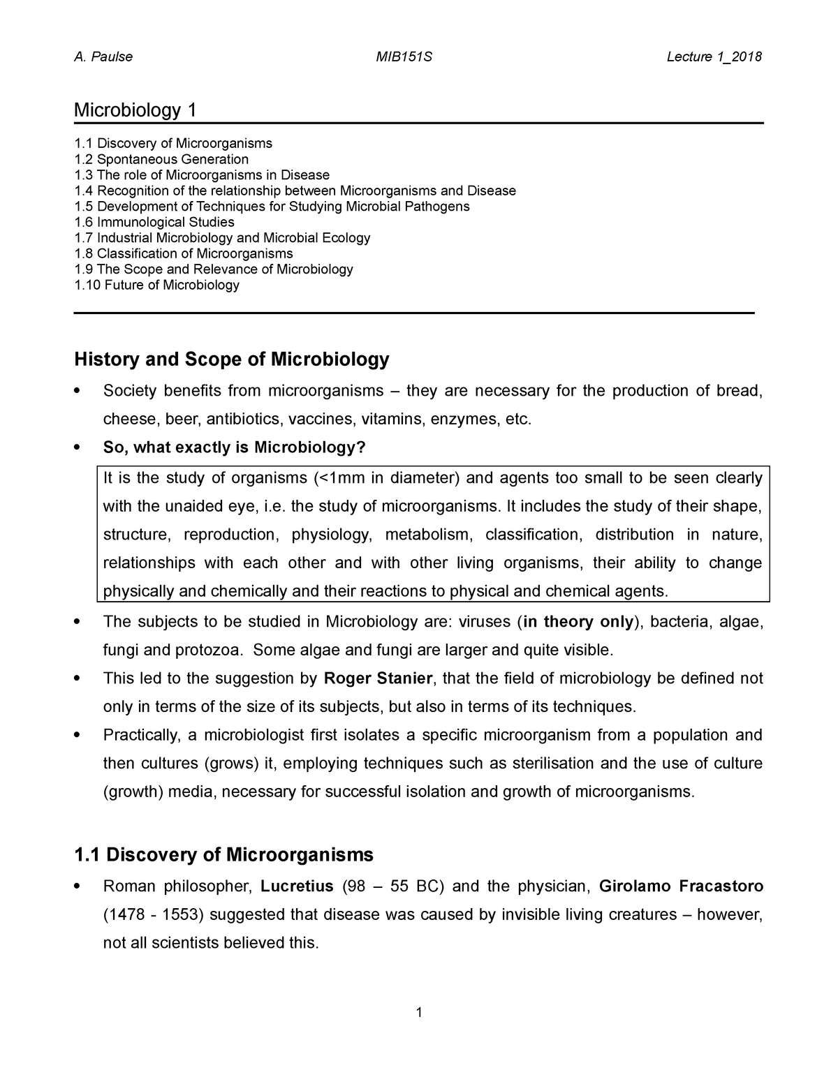 Microbiology 1 MIB151S Lecture 1 2018 - Microbiology 1 1 Discovery Of ...