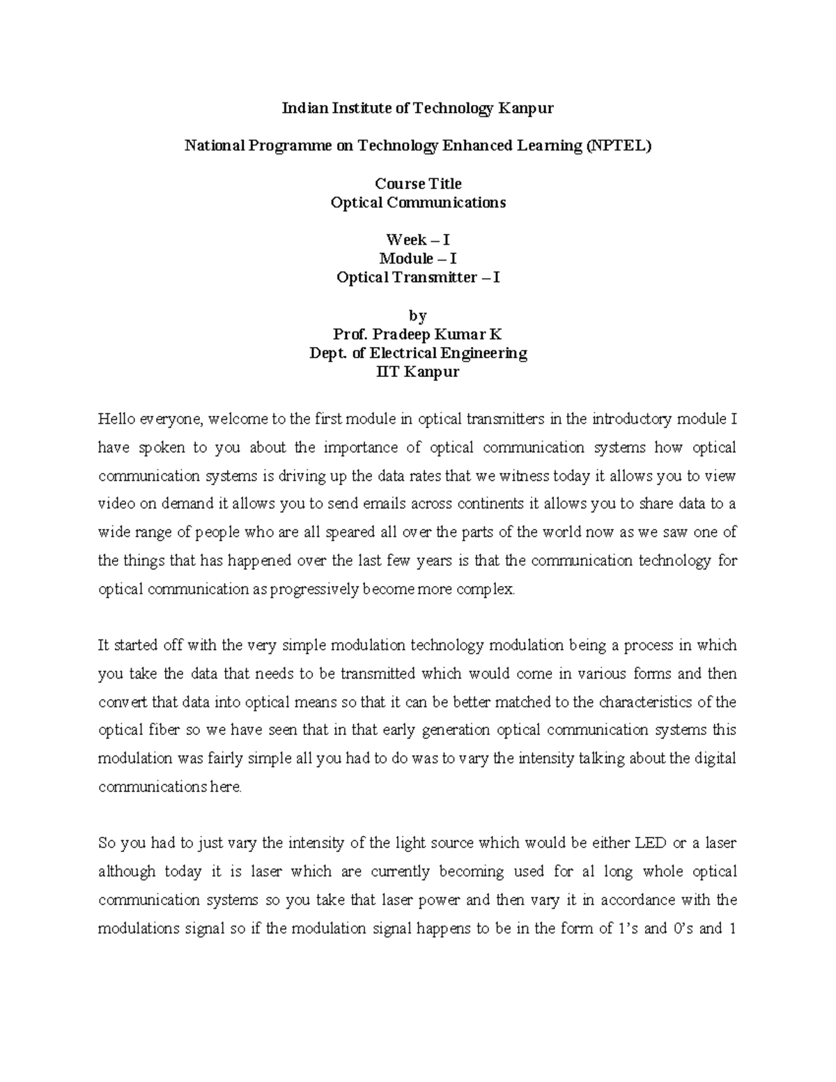 Lecture notes on optical communication Indian Institute of Technology