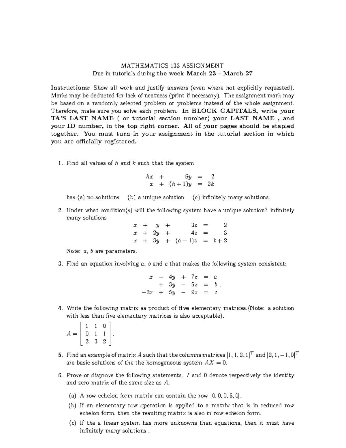 Winter 2015 Written Assignment - MATHEMATICS 133 ASSIGNMENT Due in ...