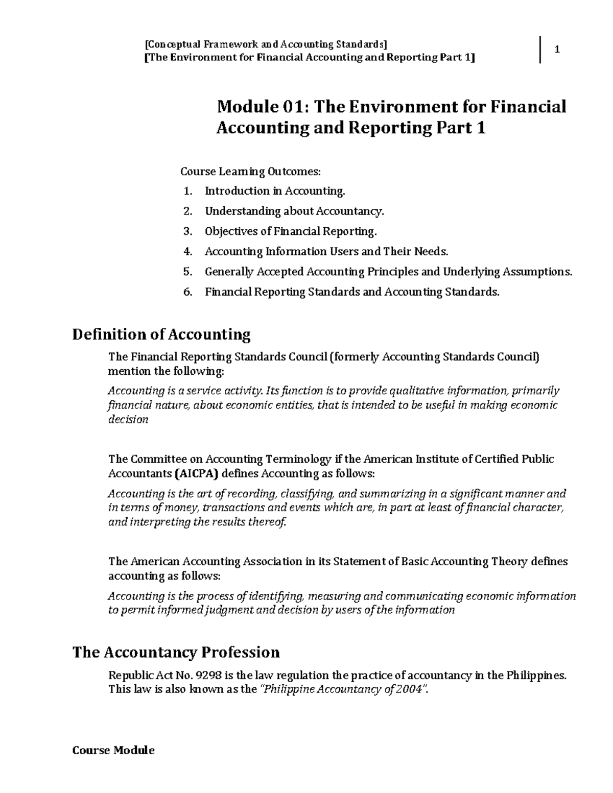 Module 1 The Environment for Financial Accounting and Reporting ...