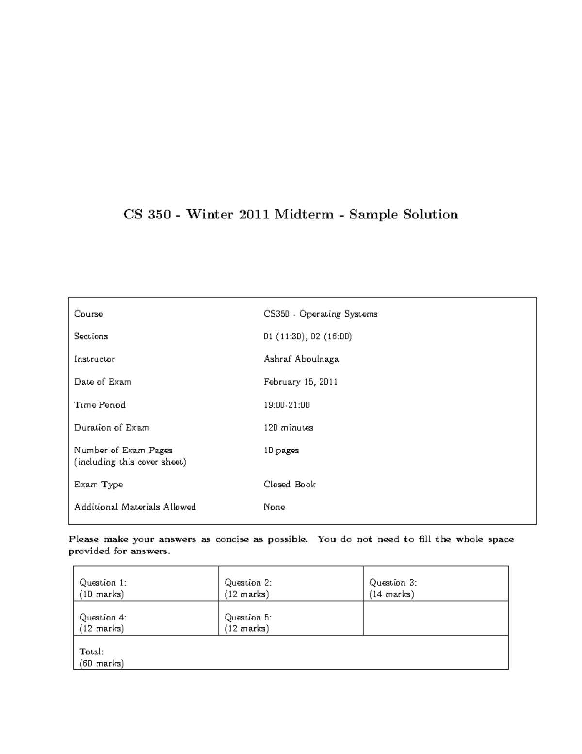 Exam 15 February 2011, questions and answers - midterm - CS 350 ...