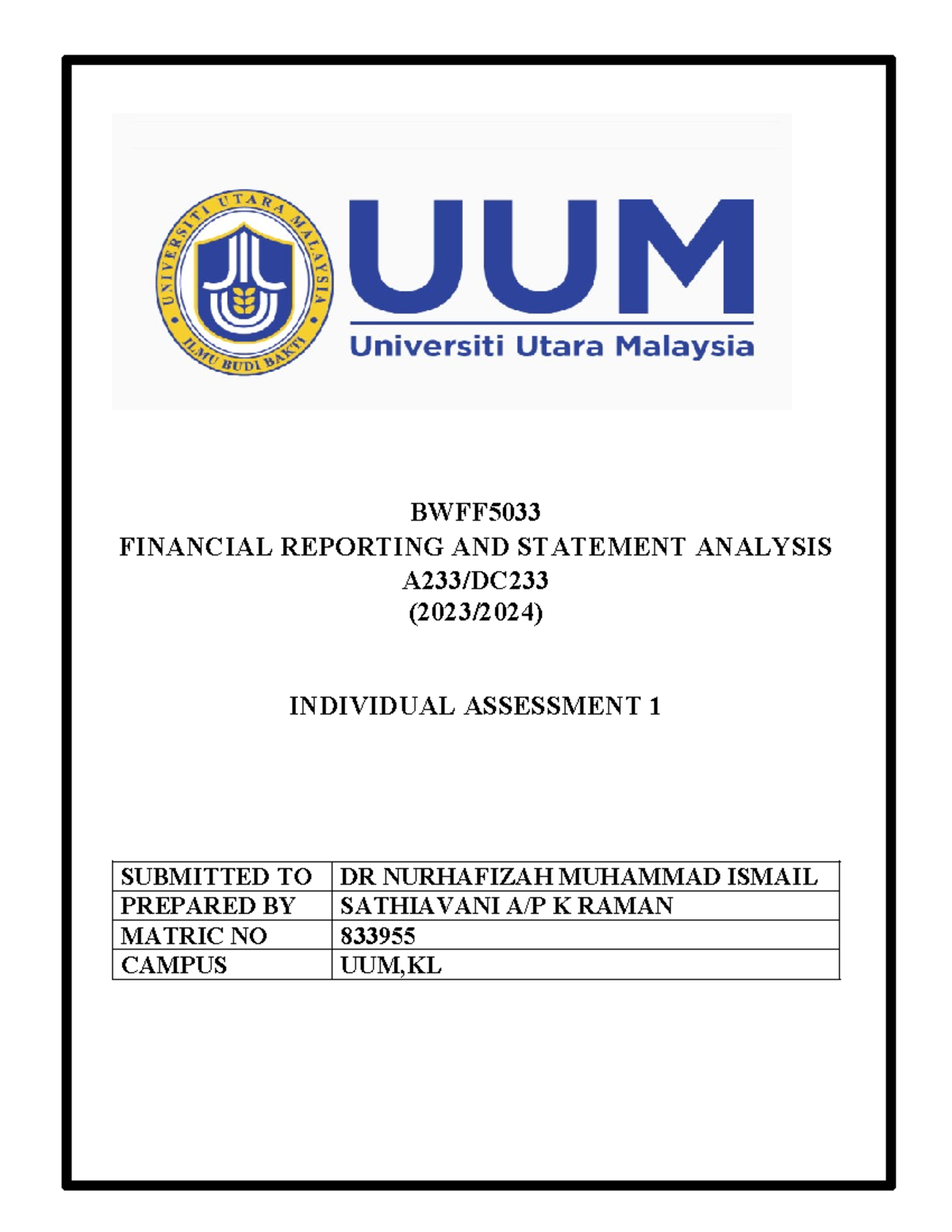 BWFF5033 - BWFF FINANCIAL REPORTING AND STATEMENT ANALYSIS A233/DC ...