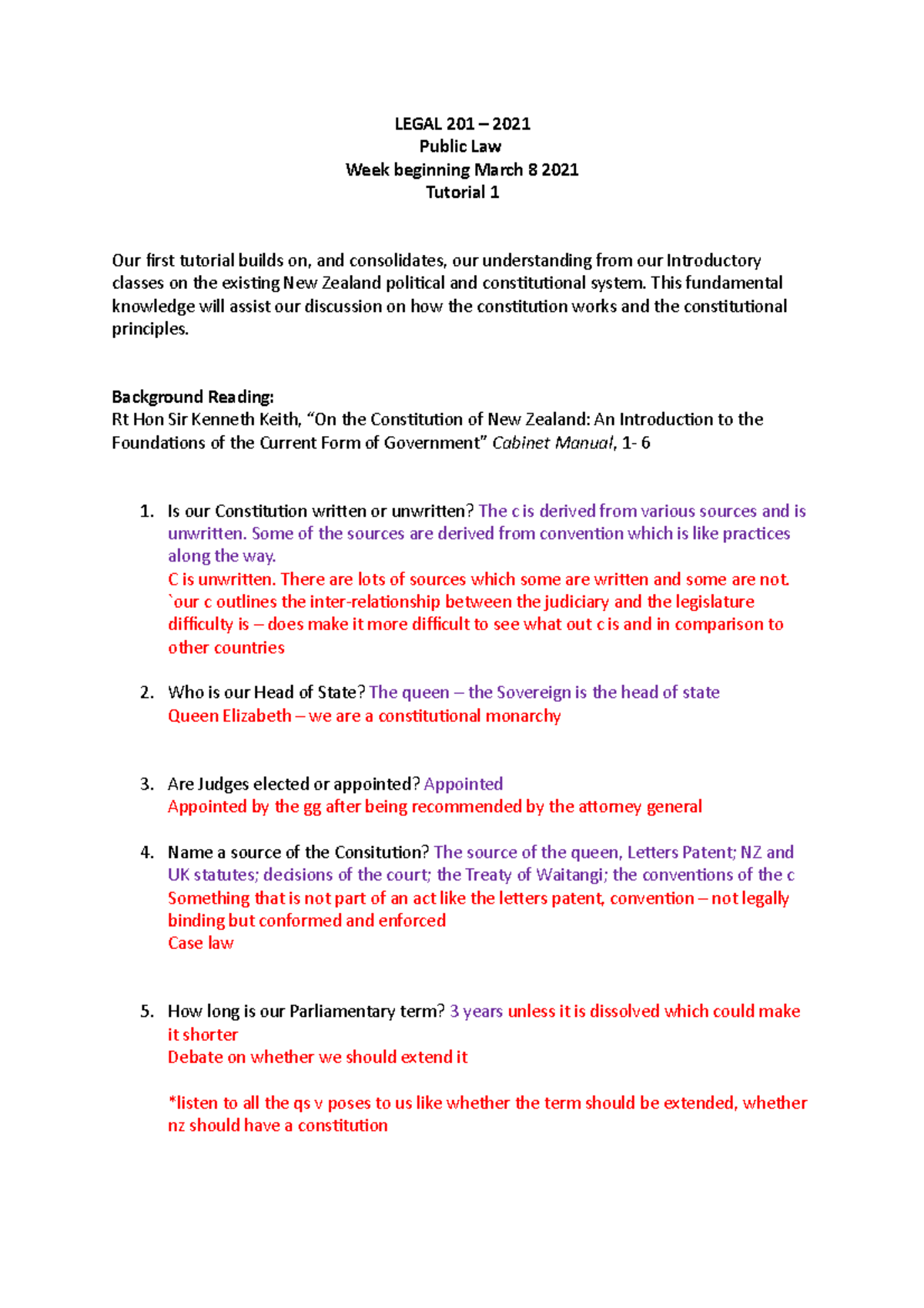 Legal 201 - Tutorial One notes - LEGAL 201 – 2021 Public Law Week ...