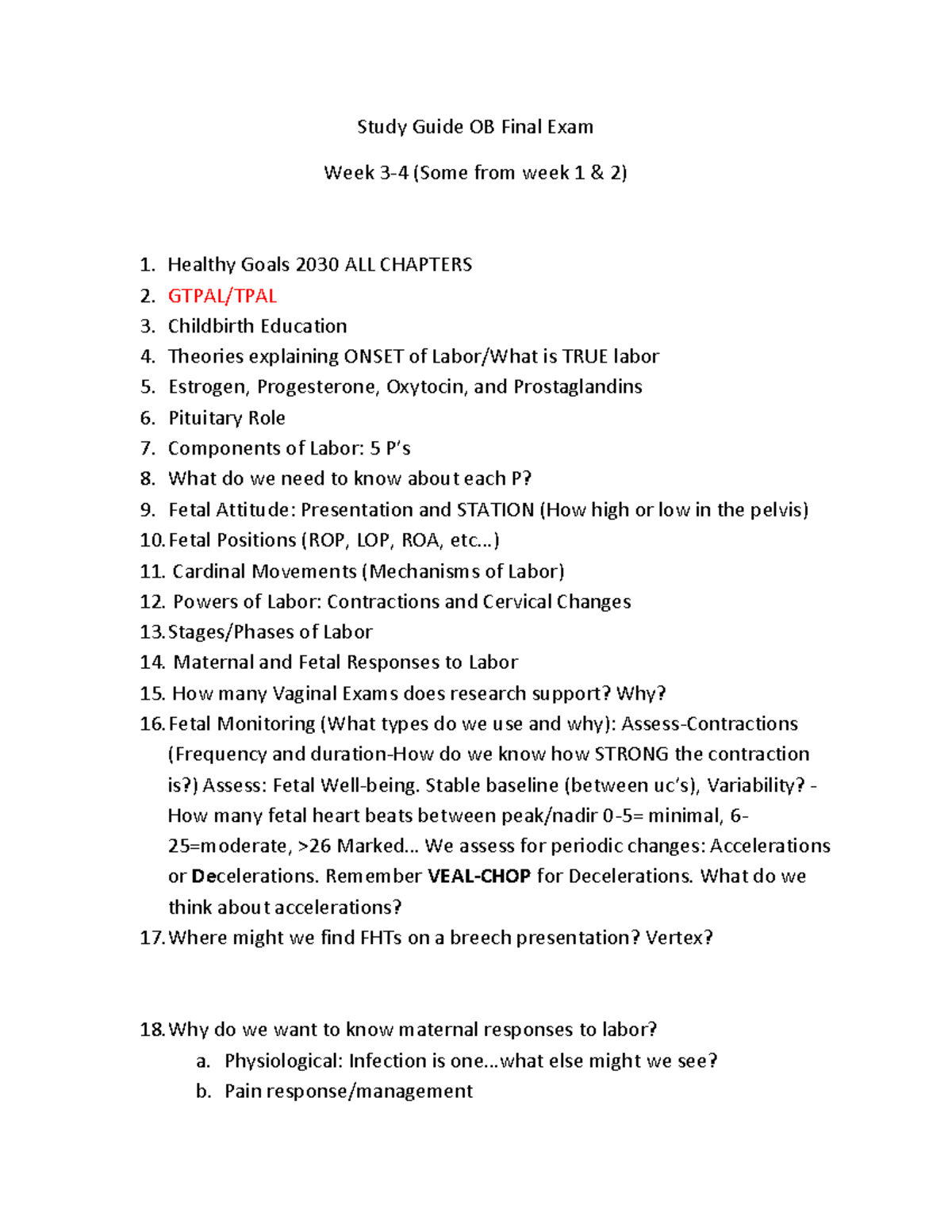 OB 221 FINAL STUDY GUIDE NUMBER ONE - Study Guide OB Final Exam Week 3 ...