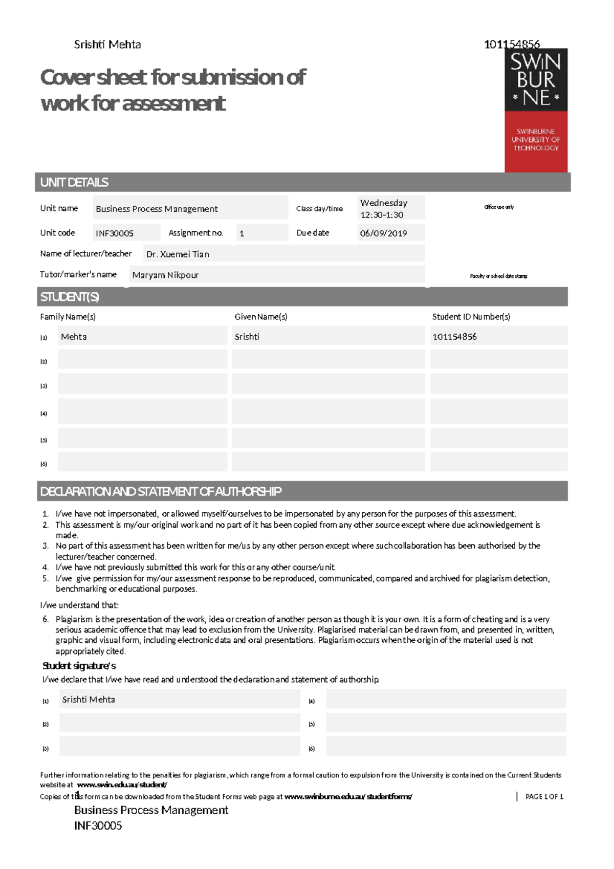 101154856 Assignment 1 - 1 Business Process Management Cover sheet for ...