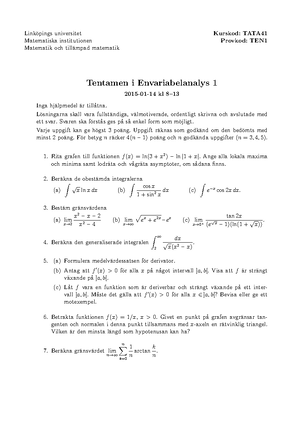 Envariabelanalys 1 Tata41 - LiU - StuDocu