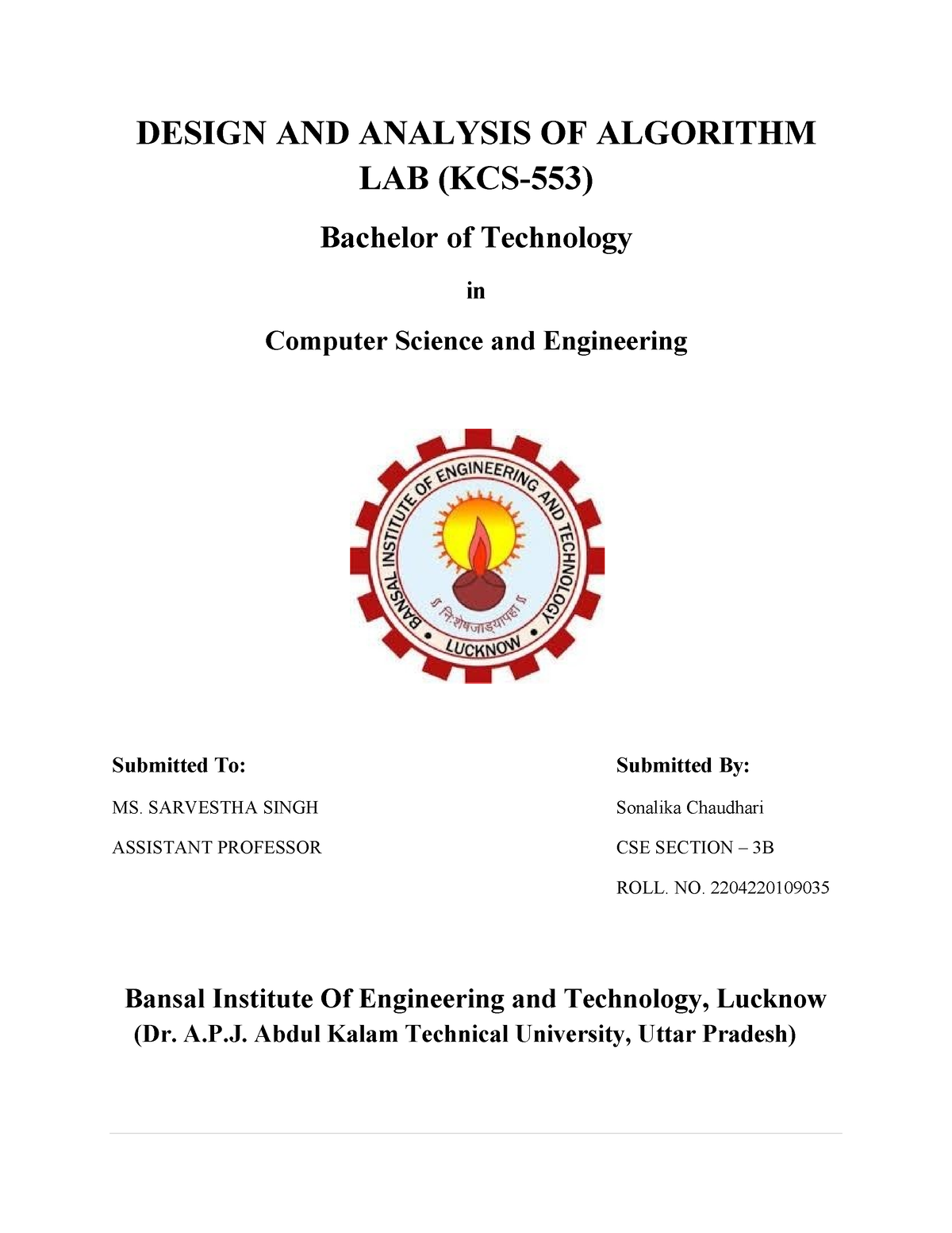 Design Of Algo And Analysis Design And Analysis Of Algorithm Lab Kcs 553 Bachelor Of 6574