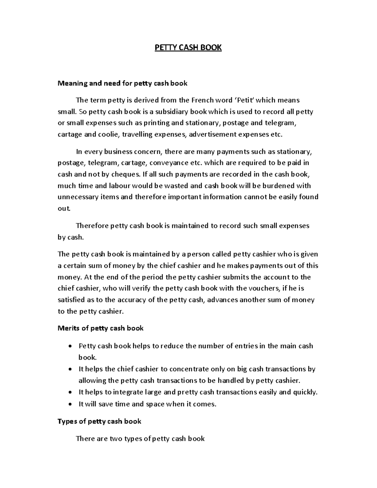 Note of Petty Cash Book-PUC - PETTY CASH BOOK Meaning and need for ...
