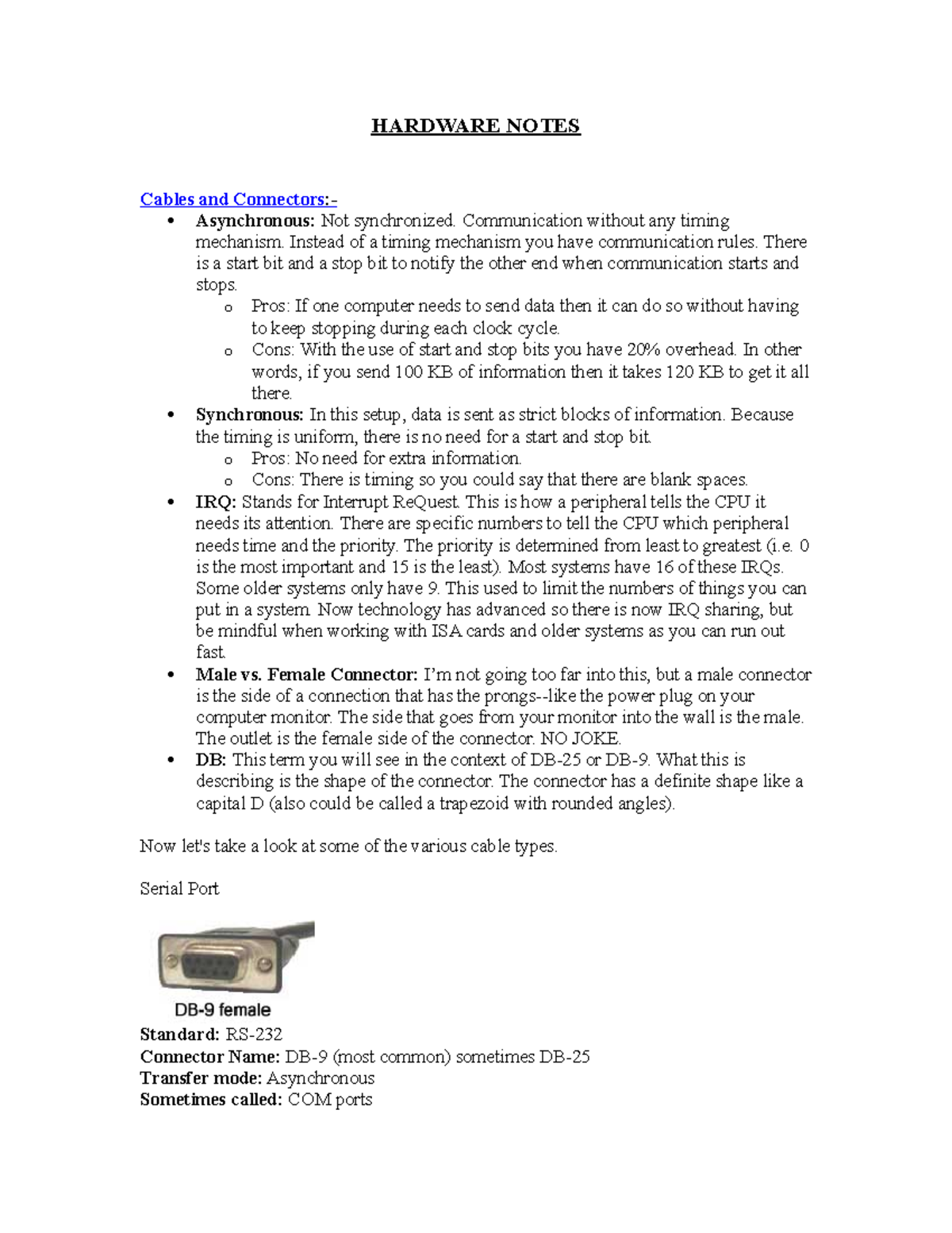 Cables and Connectors - HARDWARE NOTES Cables and Asynchronous: Not ...