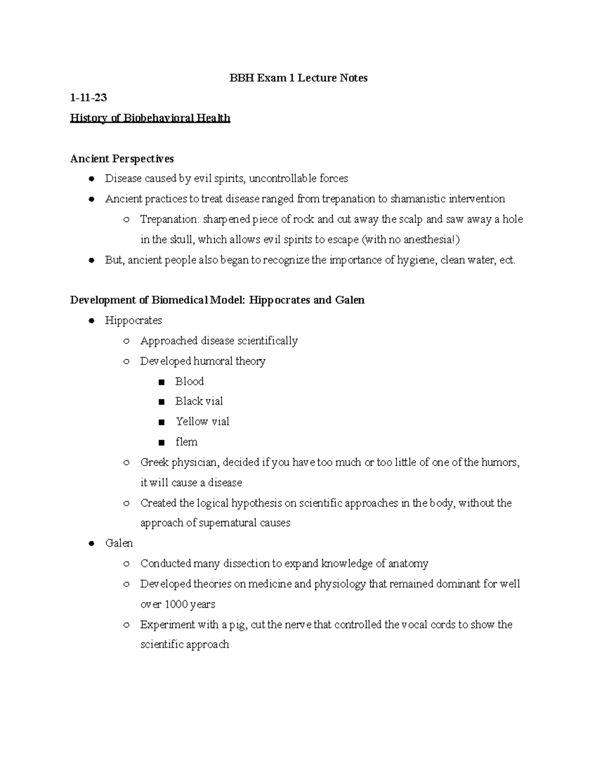 BBH - Professor Dingman - BBH Exam 1 Lecture Notes 1-11- History Of ...