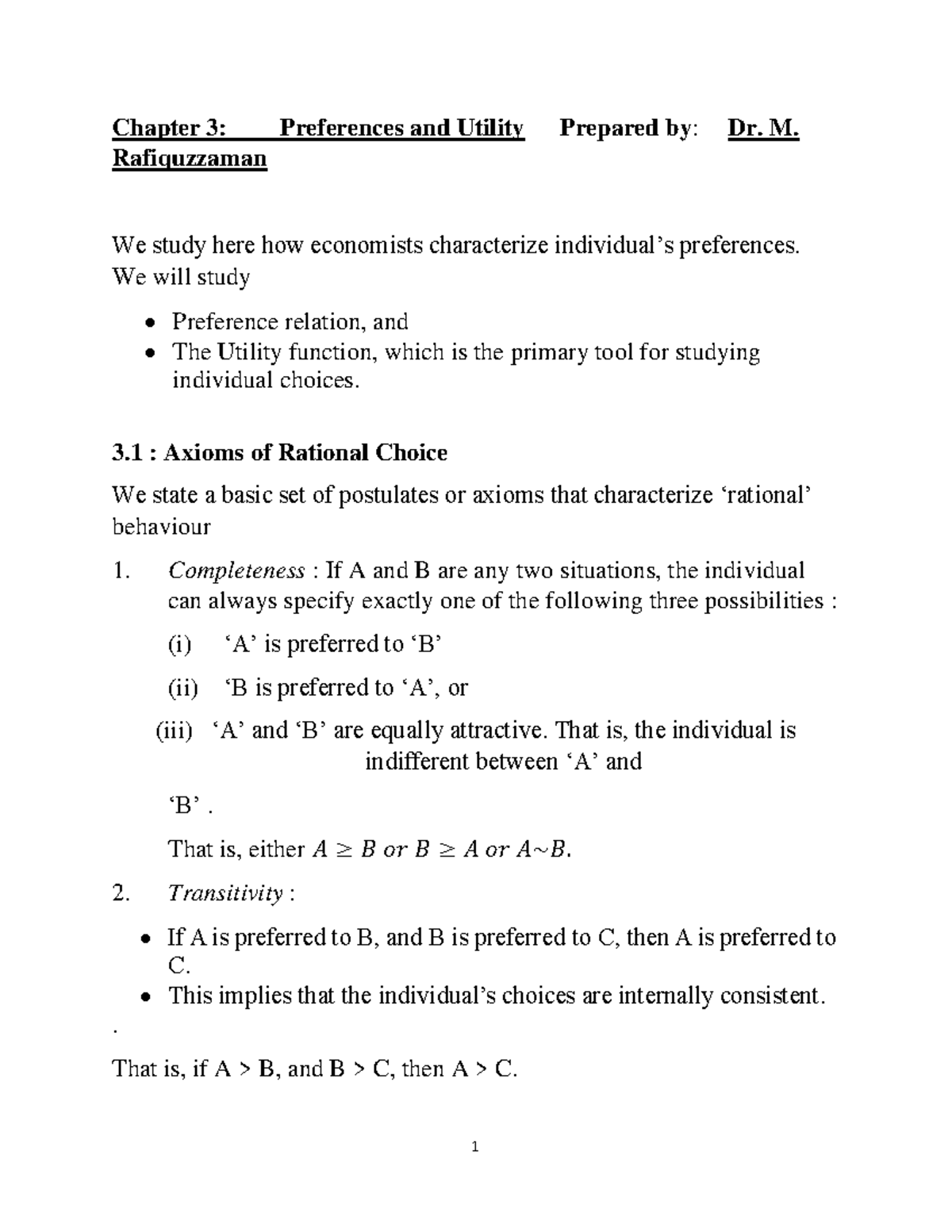 Typewtitten lecture notes Ch 3 and Ch 4 - Chapter 3: Preferences and ...