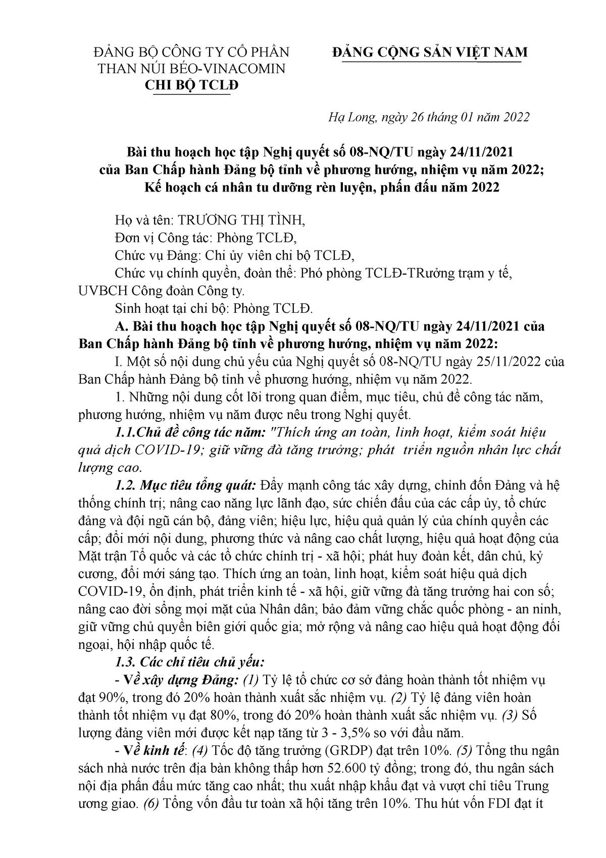 Bài thu hoạch NQ 08, cam kết 2022(TÌNH) - ĐẢNG BỘ CÔNG TY CỔ PHẦN THAN NÚI BÉO-VINACOMIN CHI BỘ TCLĐ - Studocu