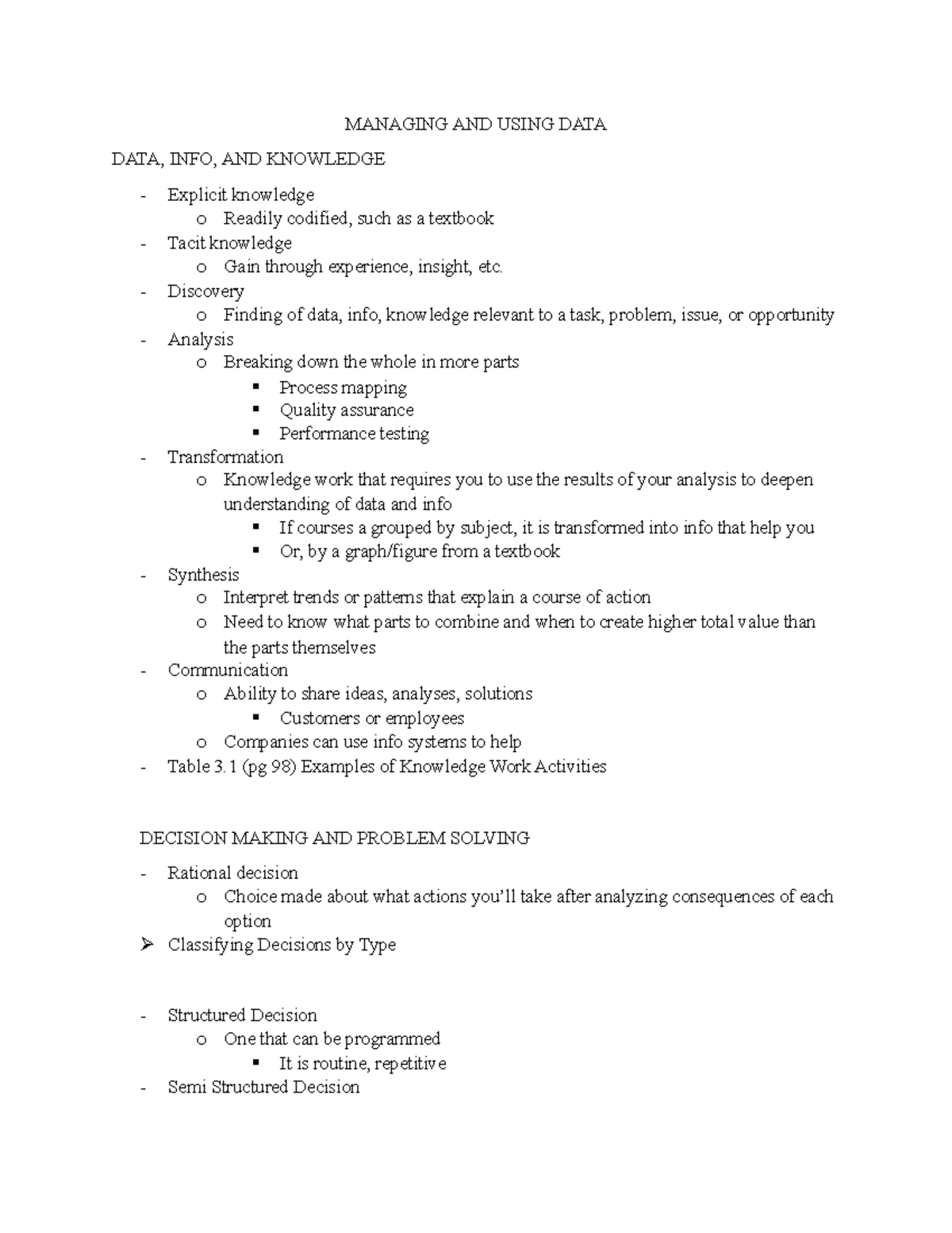 Chapter 3 Textbook notes - MANAGING AND USING DATA DATA, INFO, AND ...