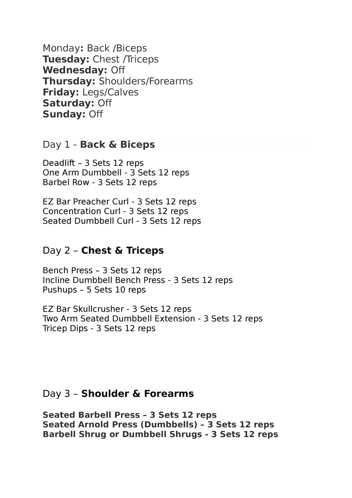 Jesse 4Day Workout - Good - Monday: Back /Biceps Tuesday: Chest ...