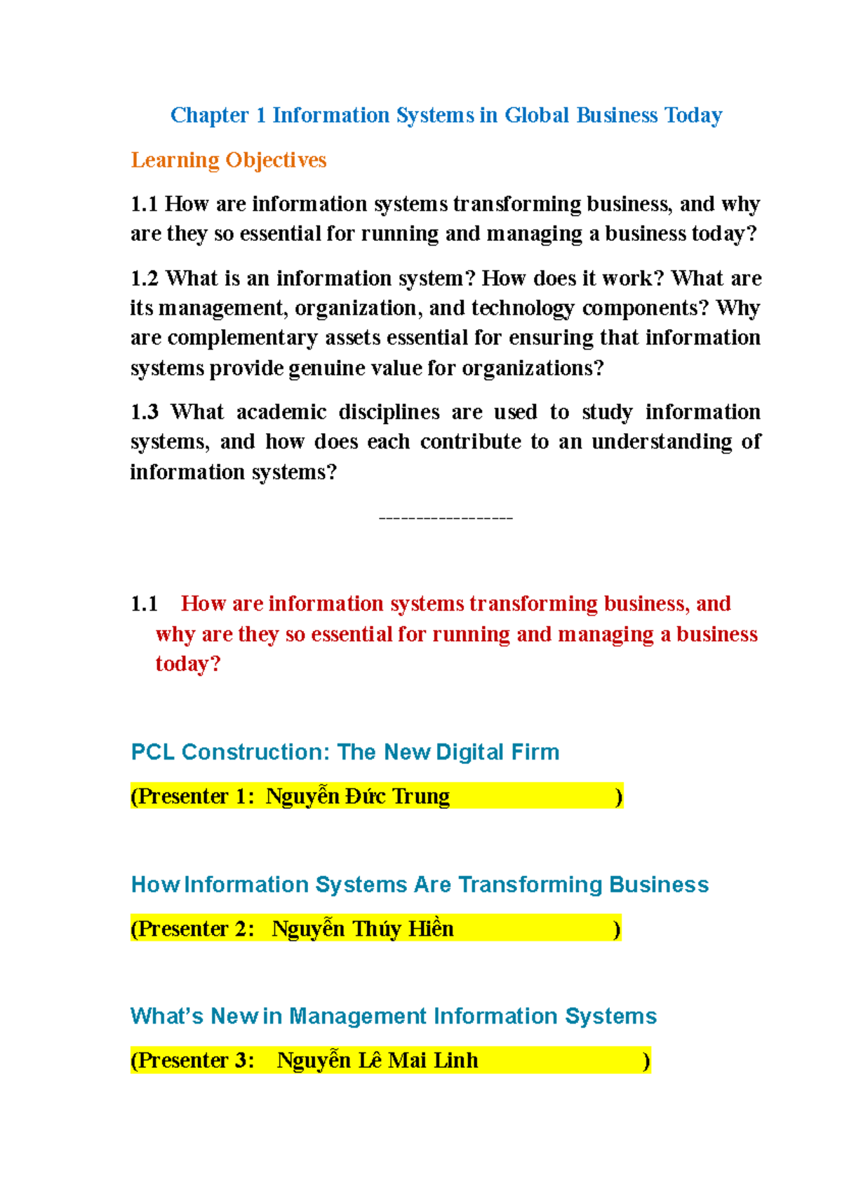 Assignments - Chapter 1 - Chapter 1 Information Systems In Global ...