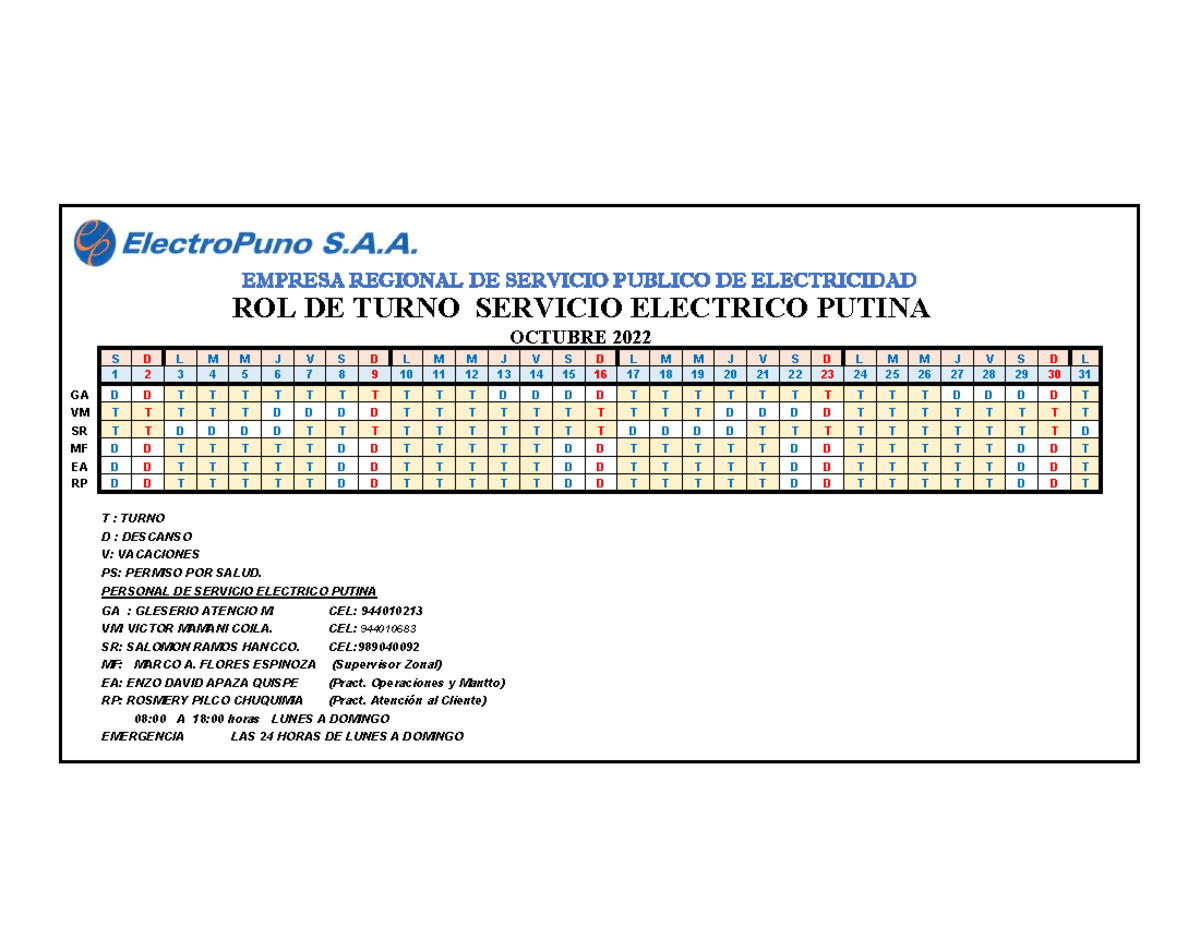 ROL DE Turno Octubre 2022 ROL DE TURNO SERVICIO ELECTRICO PUTINA S D