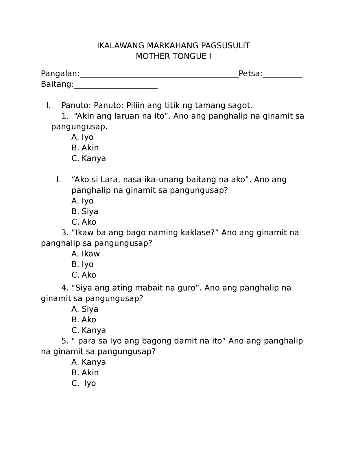 sample questionnaire for thesis in mother tongue