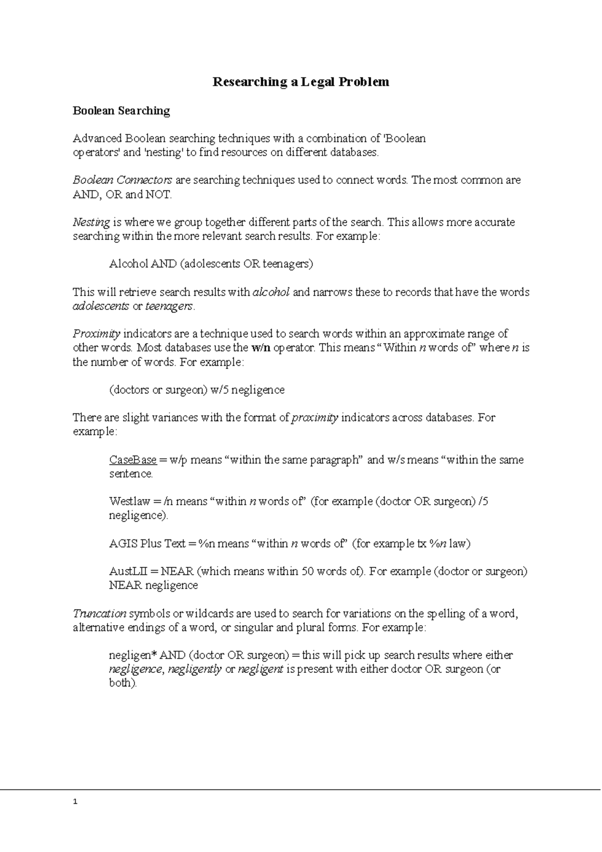 LAWS5018 Revision - Researching a Legal Problem Boolean Searching ...