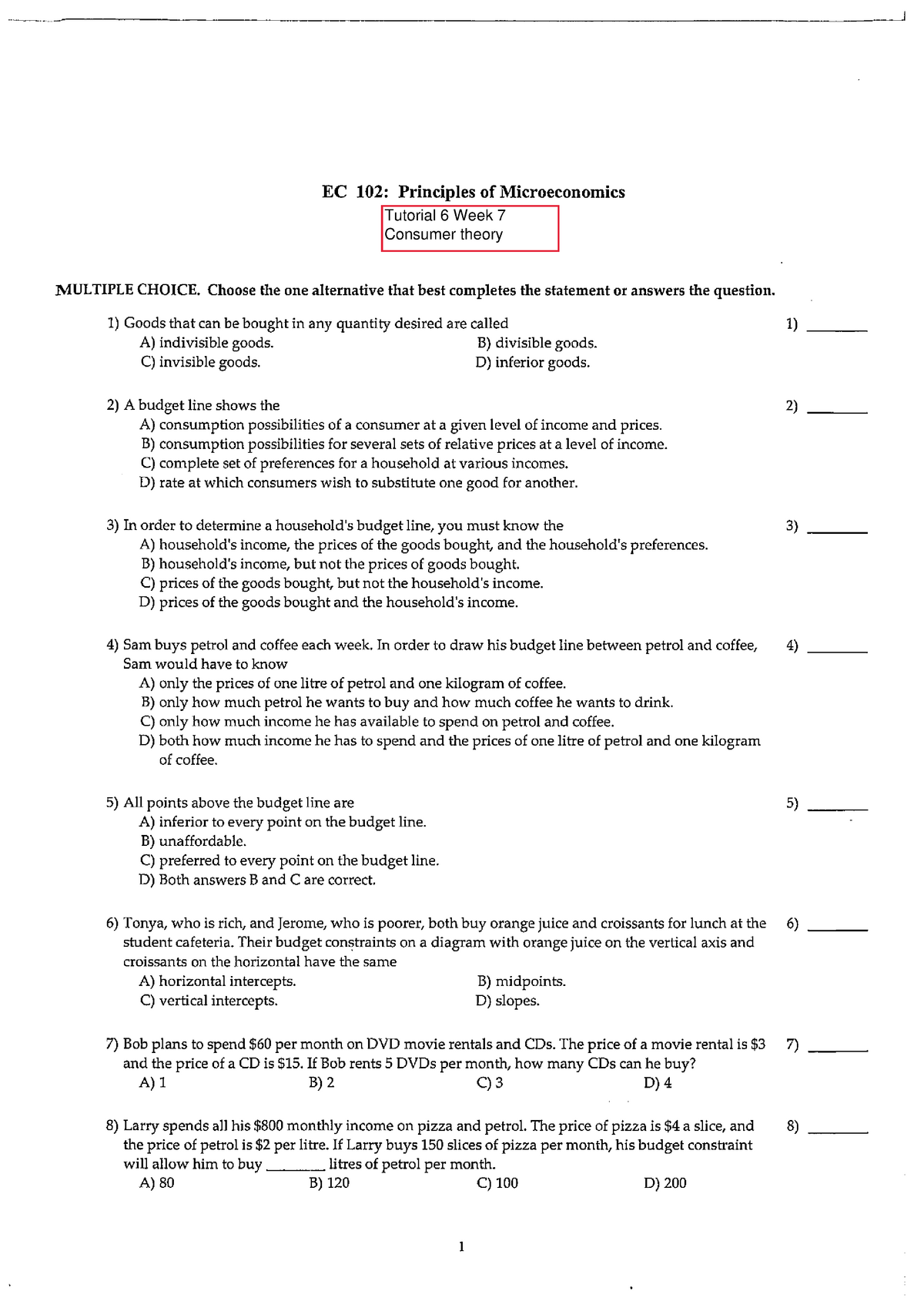 Tutorial 6 Week 7 Consumer Theory Questions - INTRODUCTION TO ...