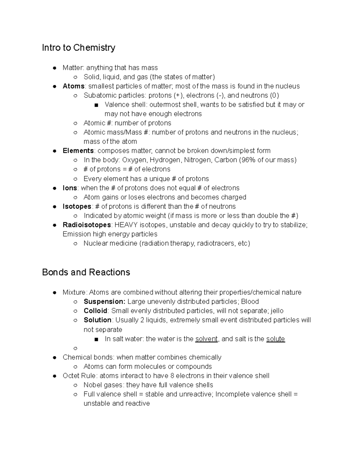 BIO124 Chemistry Intro to Chemistry Matter anything that has mass