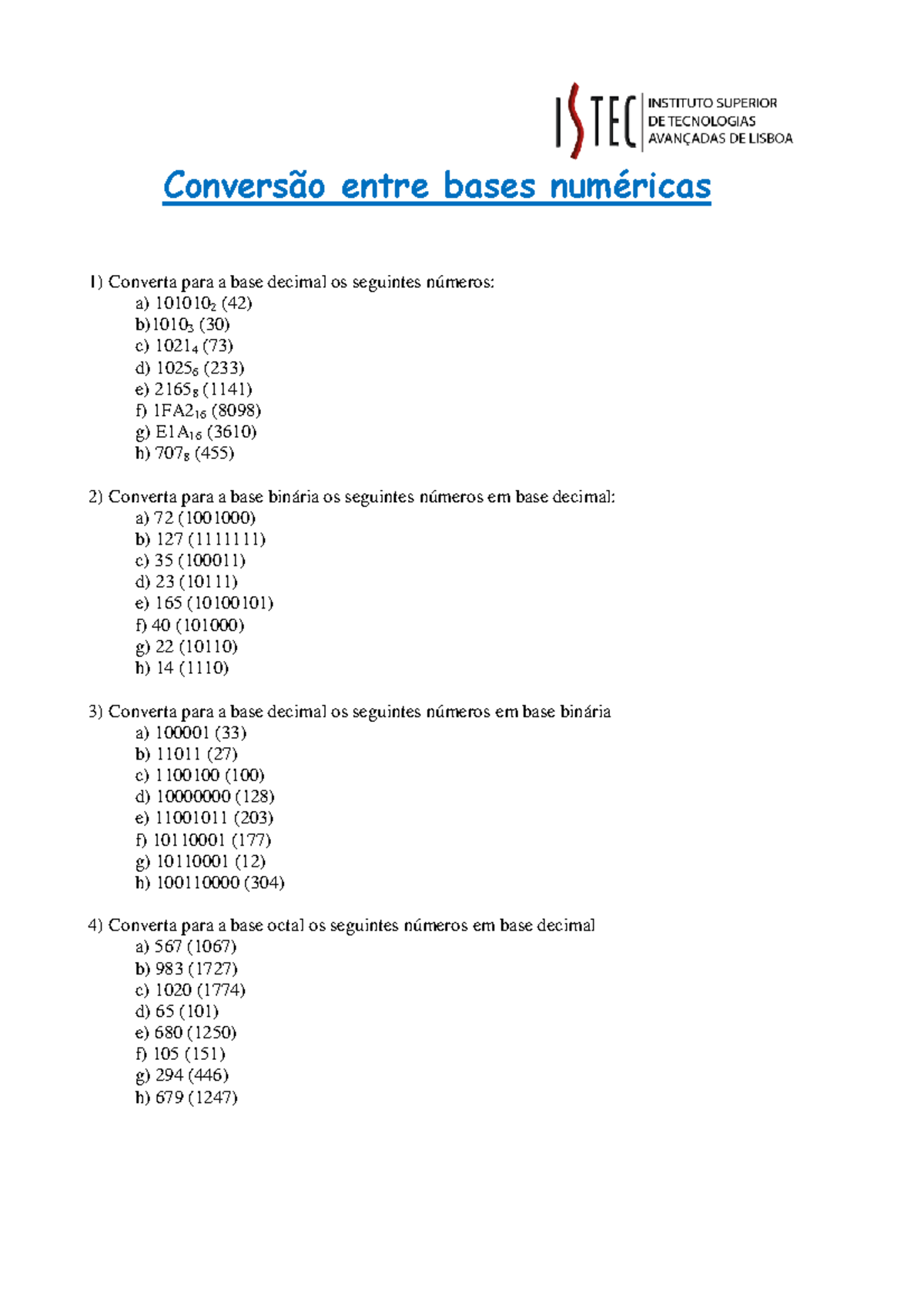 Exercícios de conversão de bases - Conversão entre bases numéricas 1 ...