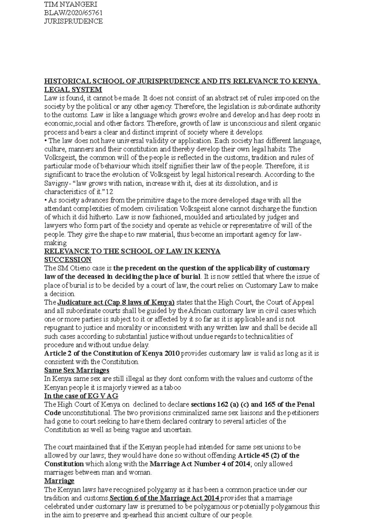 Jurisprudence historical TIM NYANGERI BLAW/2020/ JURISPRUDENCE