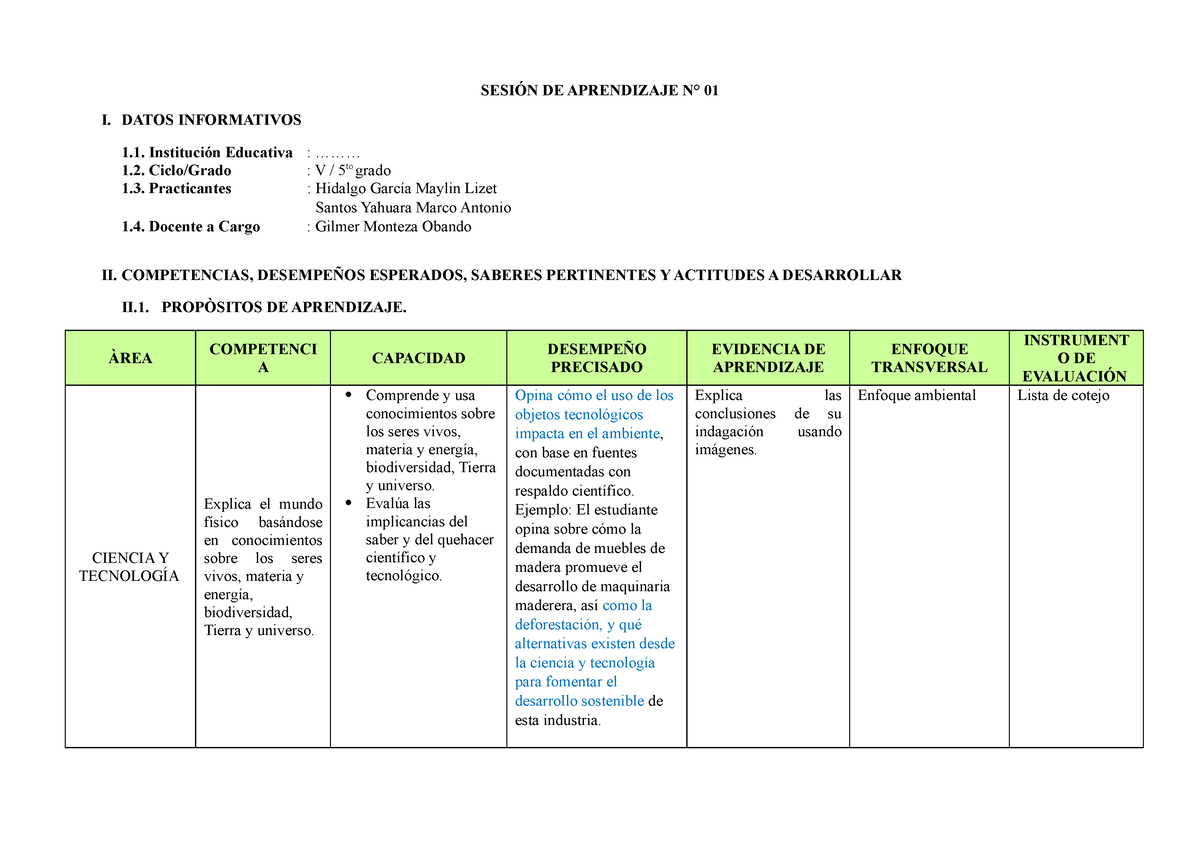 Sesión DE Aprendizaje Ciencia Y Tecnología - SESIÓN DE APRENDIZAJE N ...