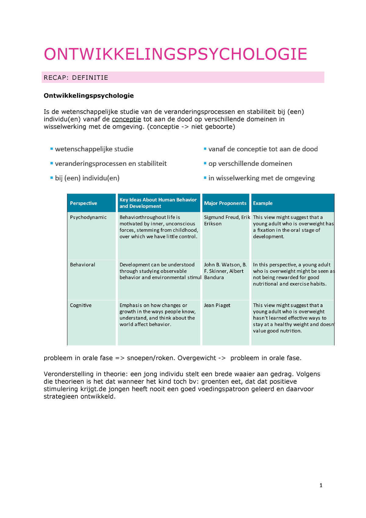 Ontwikkelingspsychologie Hoorcollege 1 - ONTWIKKELINGSPSYCHOLOGIE RECAP ...