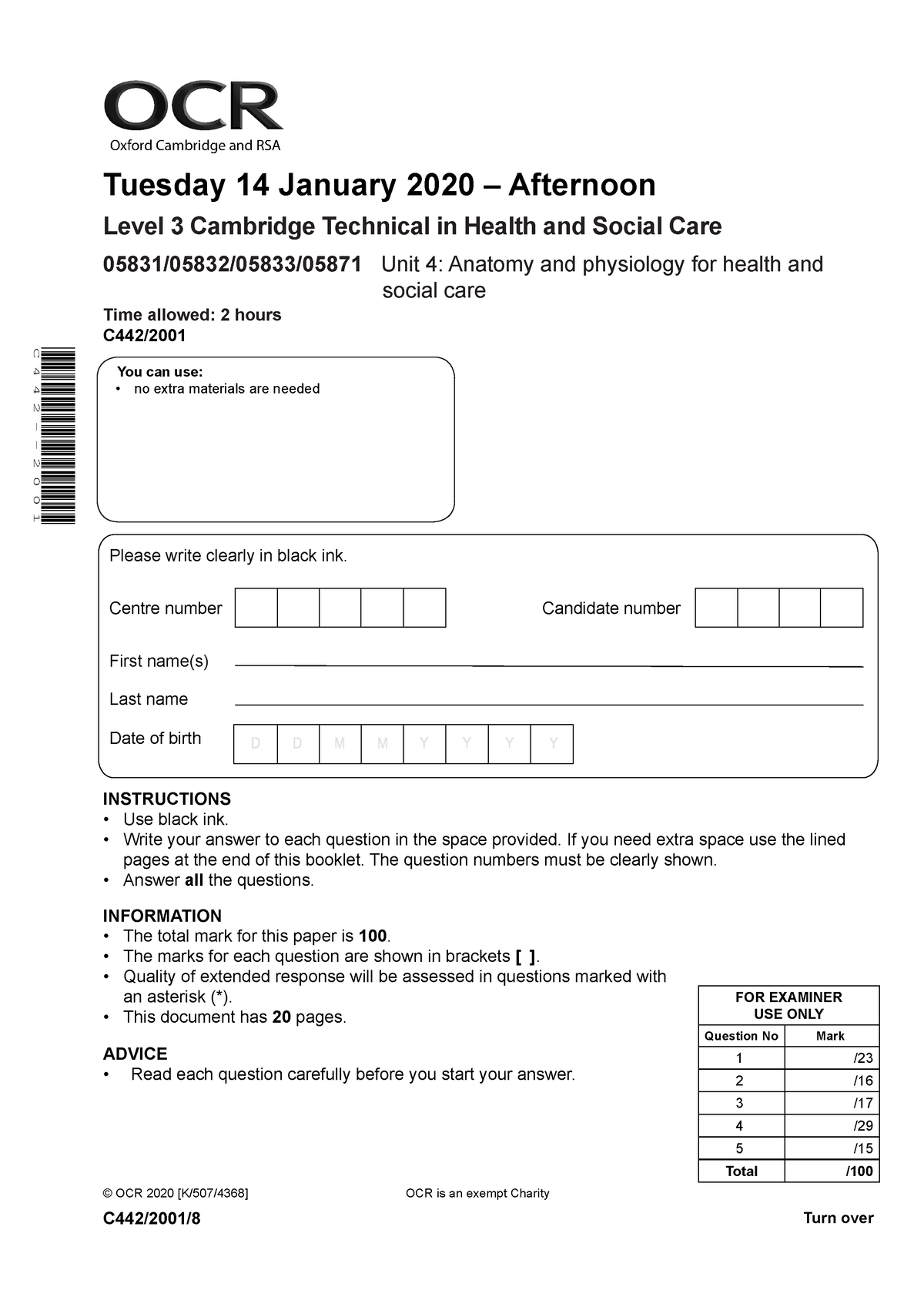 623151 question paper anatomy and physiology for health and social care ...