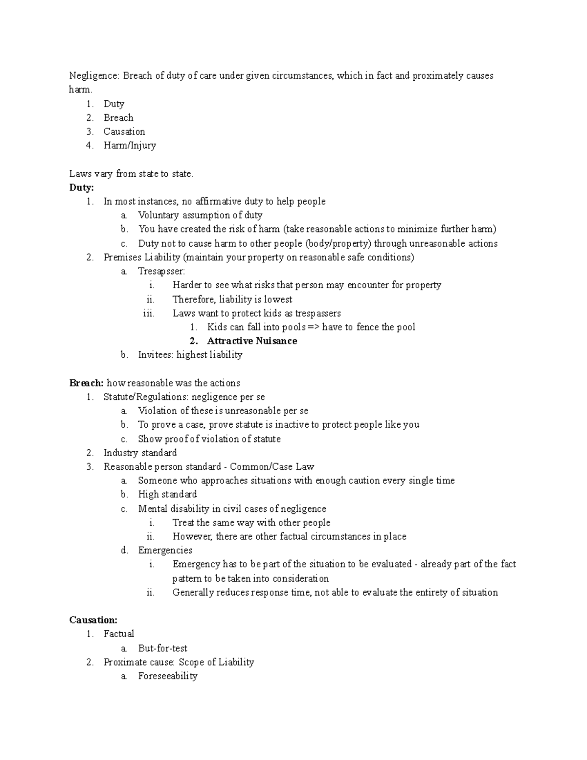 Chapter 8 notes - Negligence: Breach of duty of care under given ...
